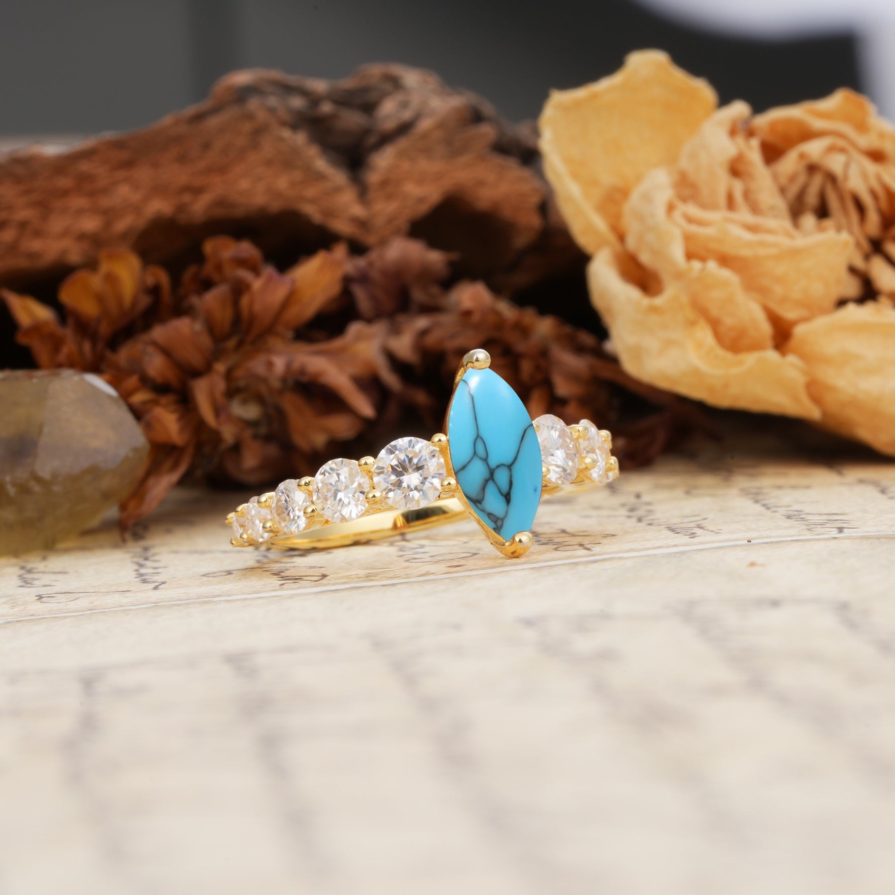 Luxurious Vintage-Style Pavé 2-Prong Marquise-Cut Turquoise Engagement Ring - Additional view