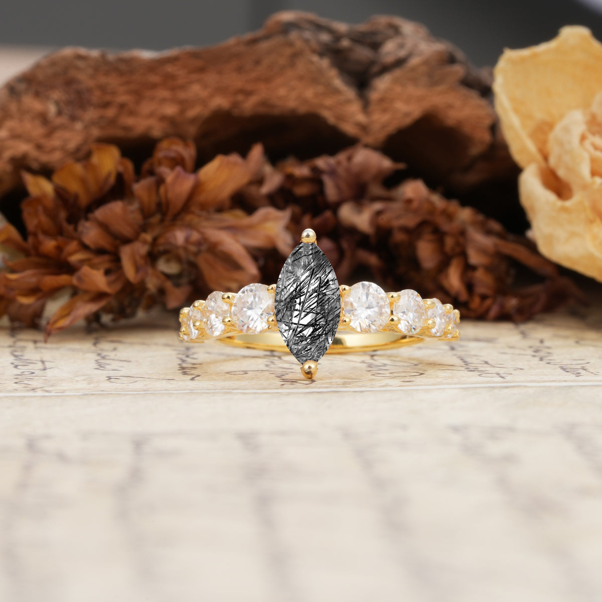 Luxurious Vintage-Style Pavé 2-Prong Marquise-Cut Black Rutilated Quartz Engagement Ring - Additional view