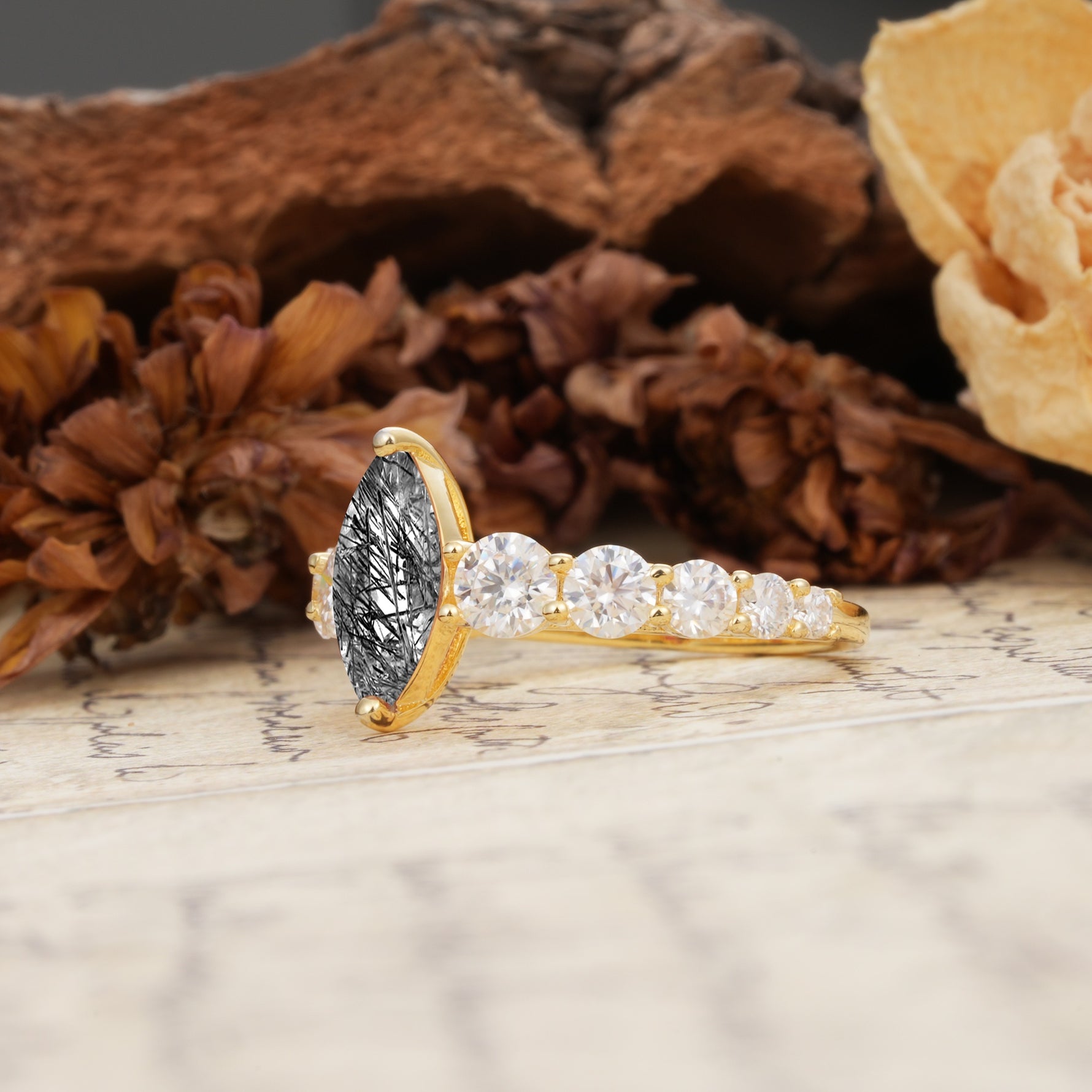 Luxurious Vintage-Style Pavé 2-Prong Marquise-Cut Black Rutilated Quartz Engagement Ring - Additional view