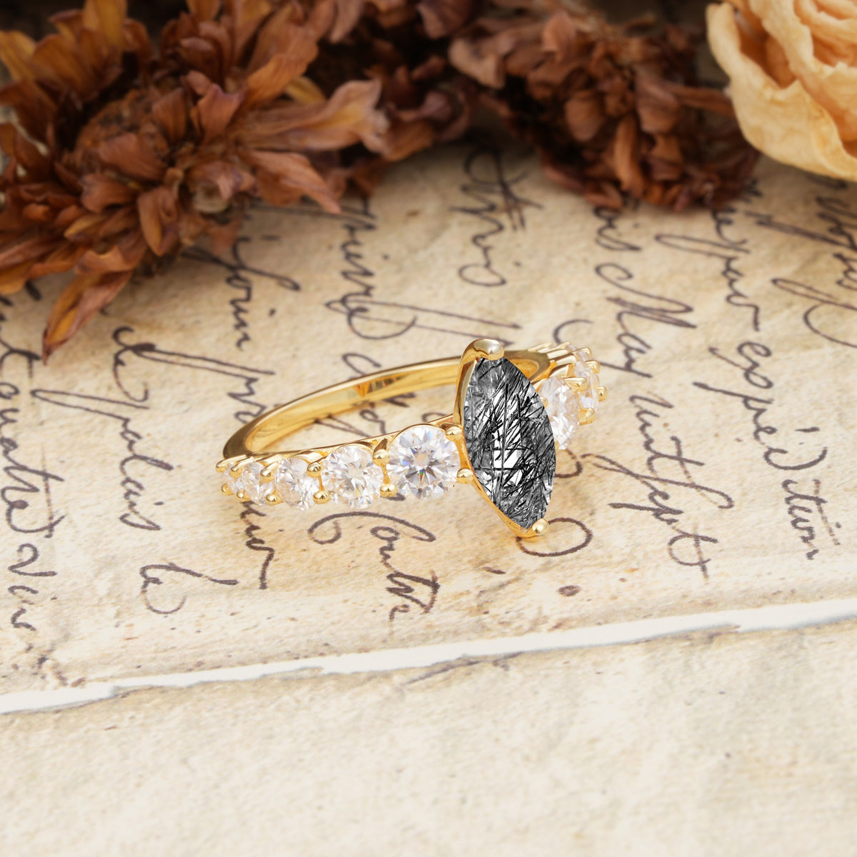 Luxurious Vintage-Style Pavé 2-Prong Marquise-Cut Black Rutilated Quartz Engagement Ring - Additional view