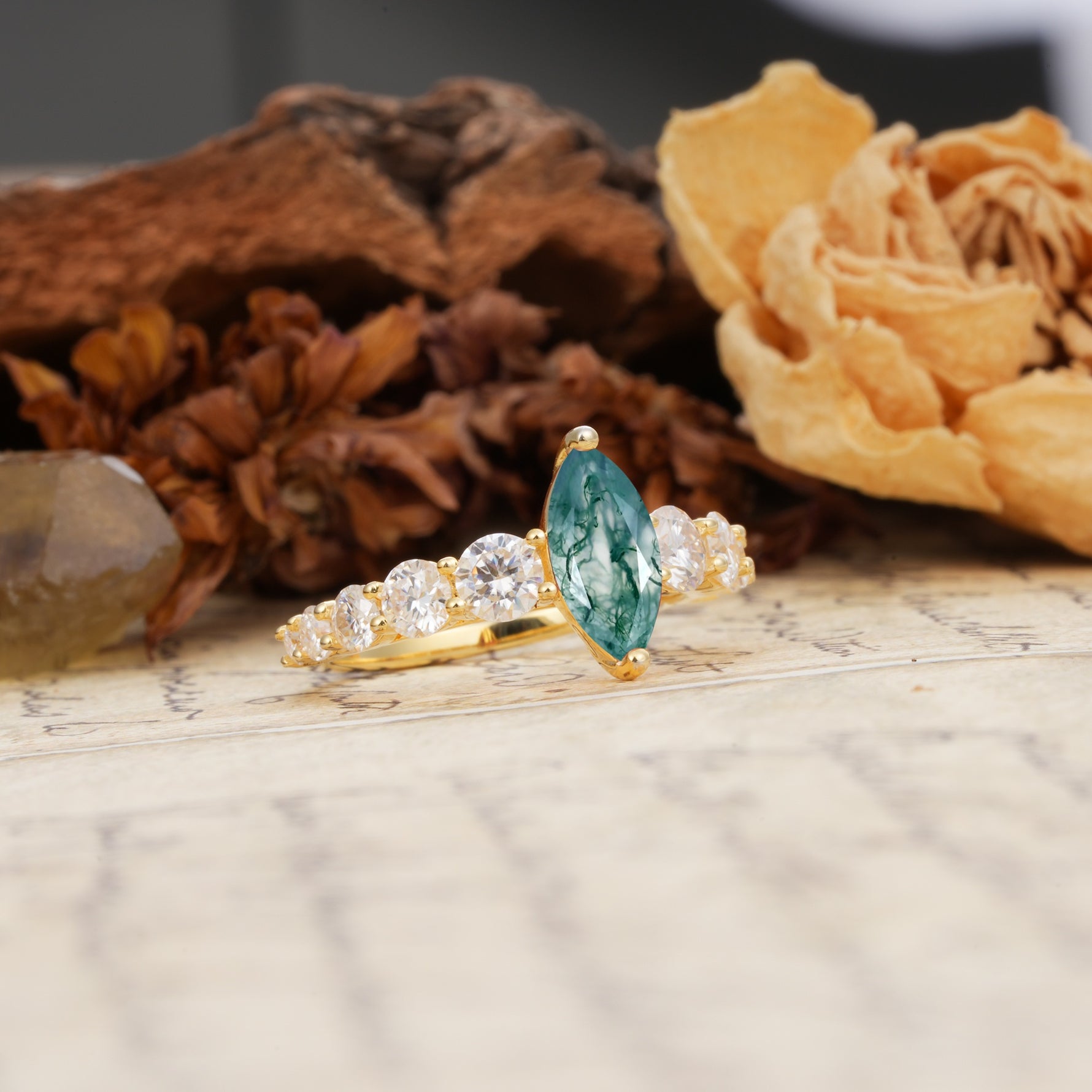 Luxurious Vintage-Style Pavé 2-Prong Marquise-Cut Moss Agate Engagement Ring - Additional view