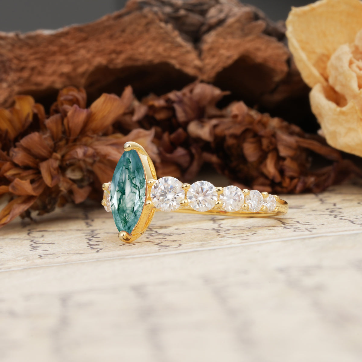 Luxurious Vintage-Style Pavé 2-Prong Marquise-Cut Moss Agate Engagement Ring - Additional view