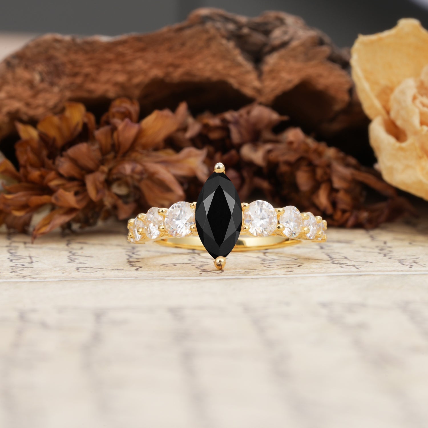 Luxurious Vintage-Style Pavé 2-Prong Marquise-Cut Black Onyx Engagement Ring - Additional view
