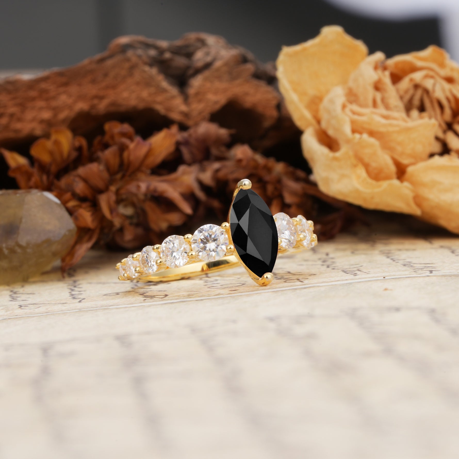 Luxurious Vintage-Style Pavé 2-Prong Marquise-Cut Black Onyx Engagement Ring - Additional view