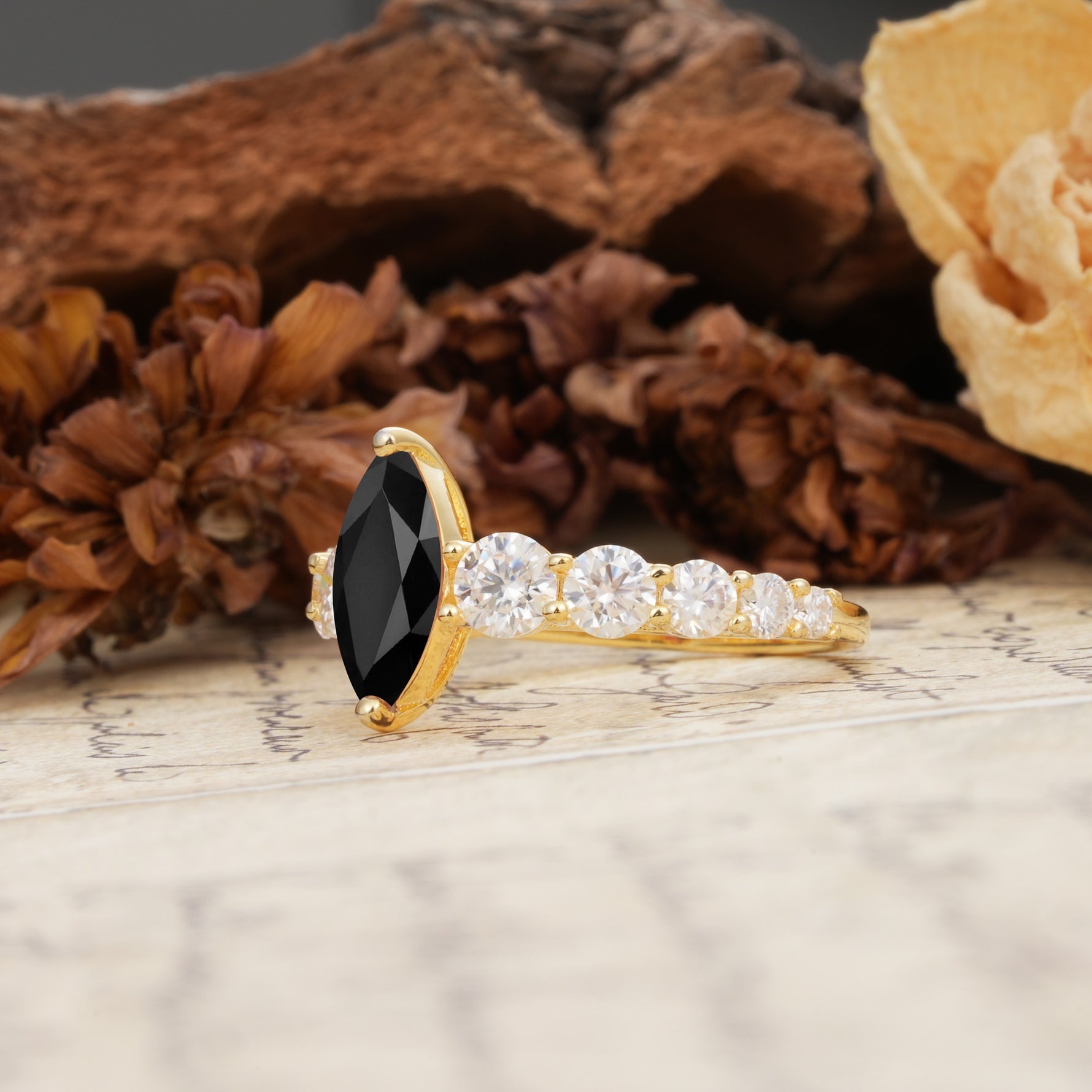 Luxurious Vintage-Style Pavé 2-Prong Marquise-Cut Black Onyx Engagement Ring - Additional view
