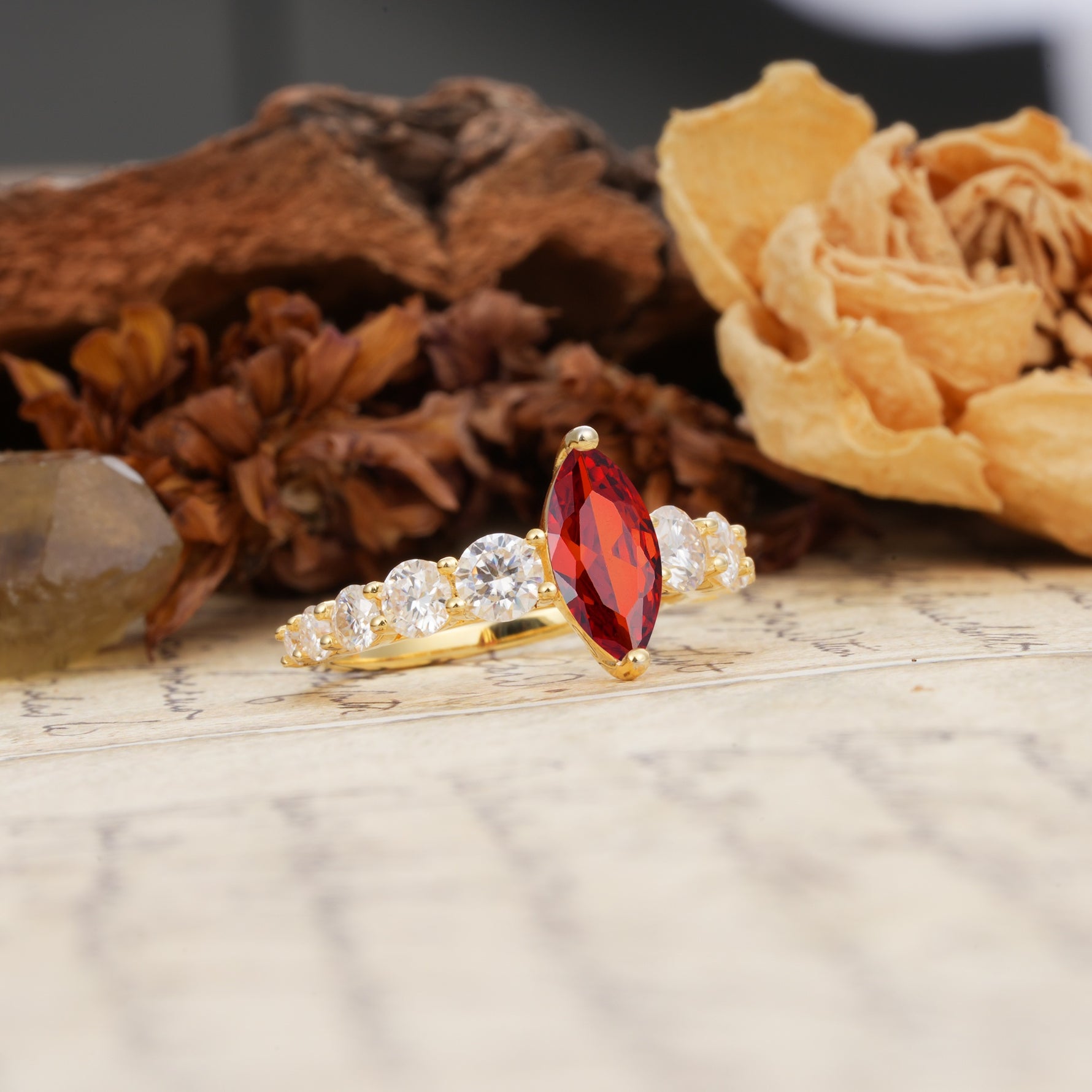 Luxurious Vintage-Style Pavé 2-Prong Marquise-Cut Garnet Engagement Ring - Additional view
