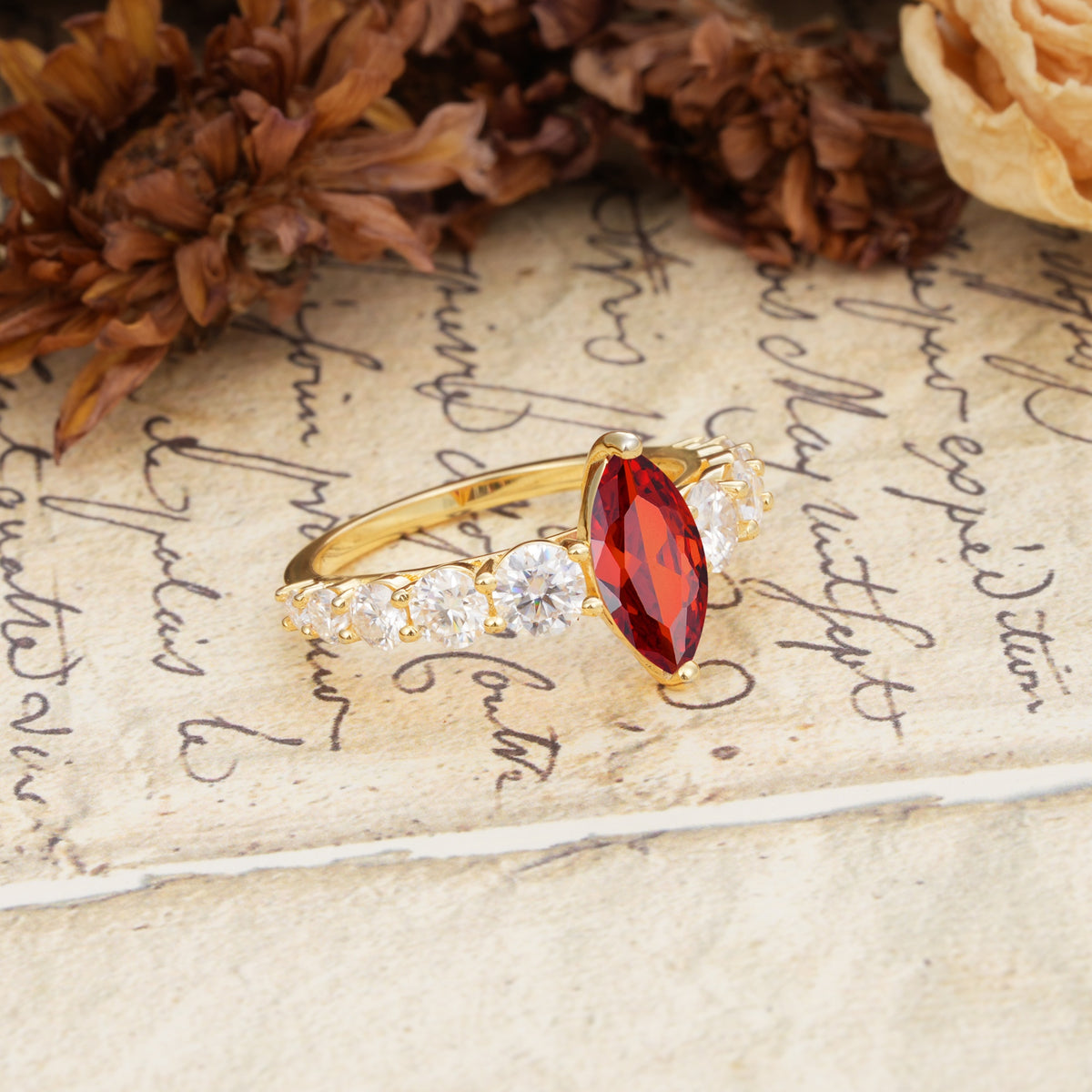 Luxurious Vintage-Style Pavé 2-Prong Marquise-Cut Garnet Engagement Ring - Additional view