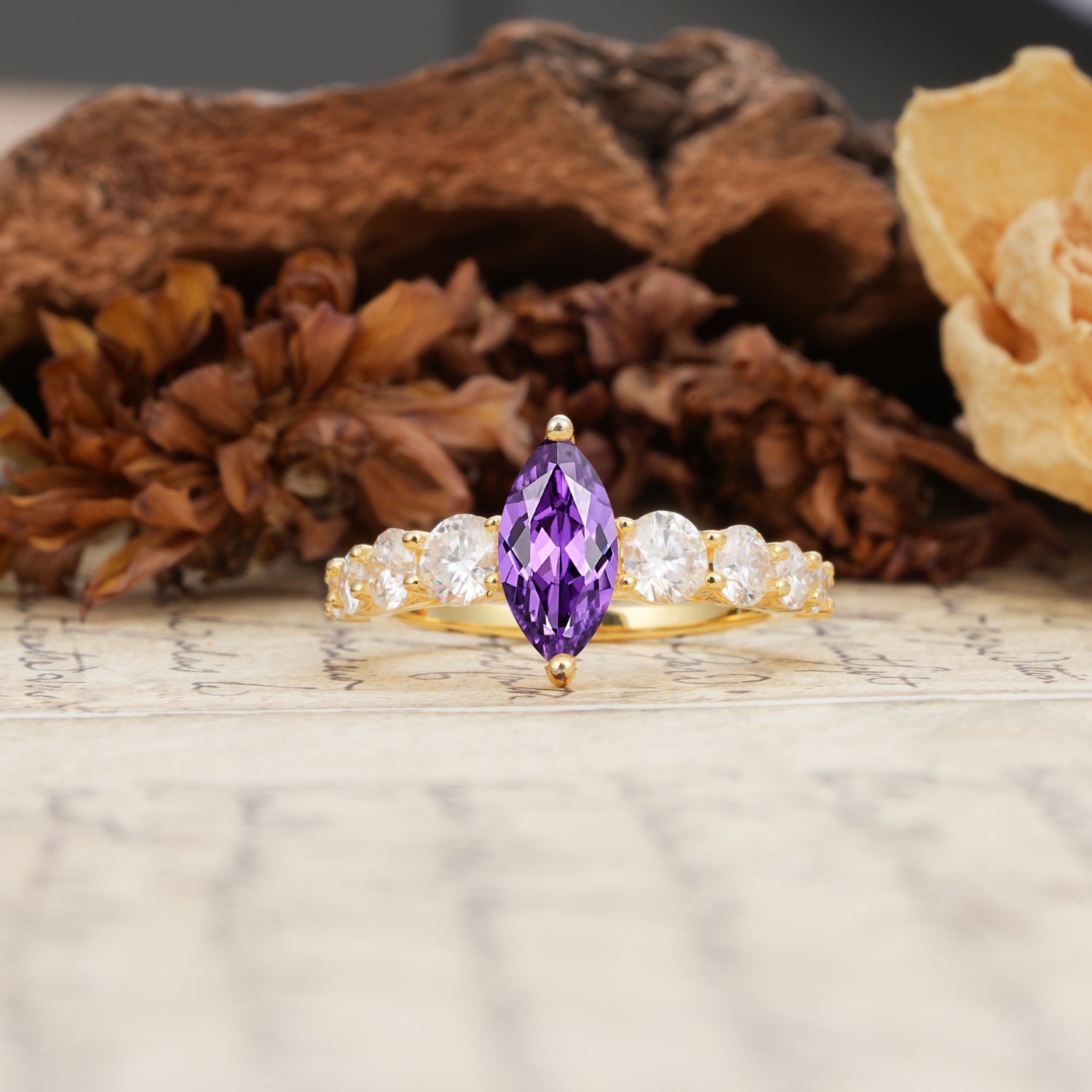 Luxurious Vintage-Style Pavé 2-Prong Marquise-Cut Amethyst Engagement Ring - Additional view