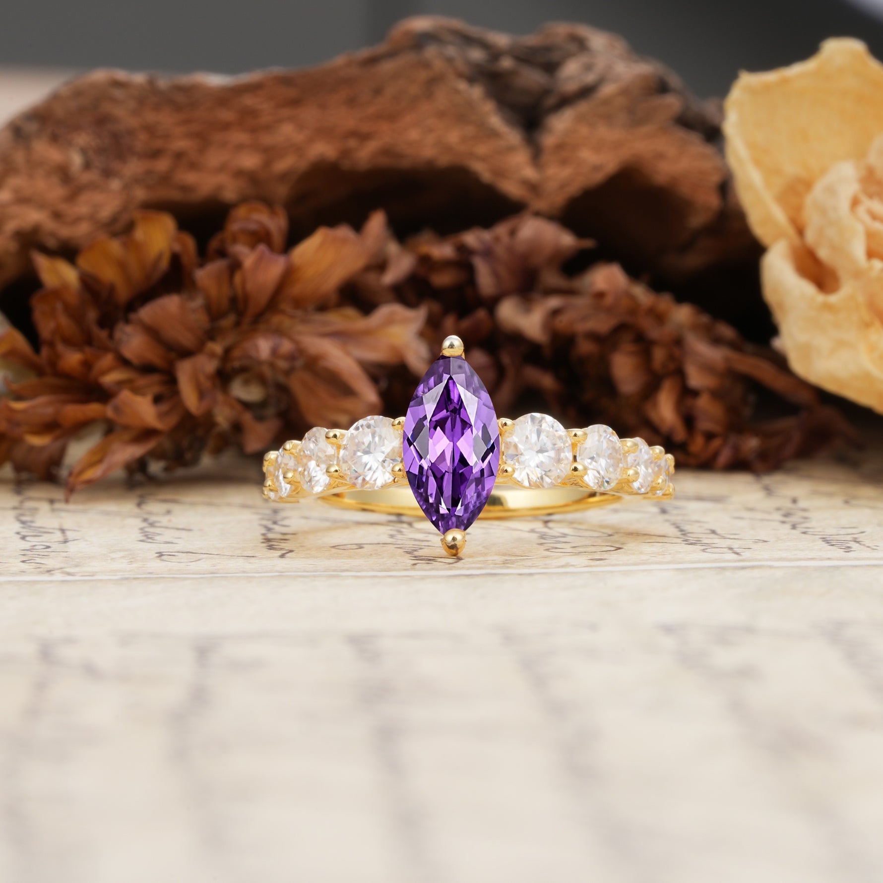 Luxurious Vintage-Style Pavé 2-Prong Marquise-Cut Amethyst Engagement Ring - Additional view