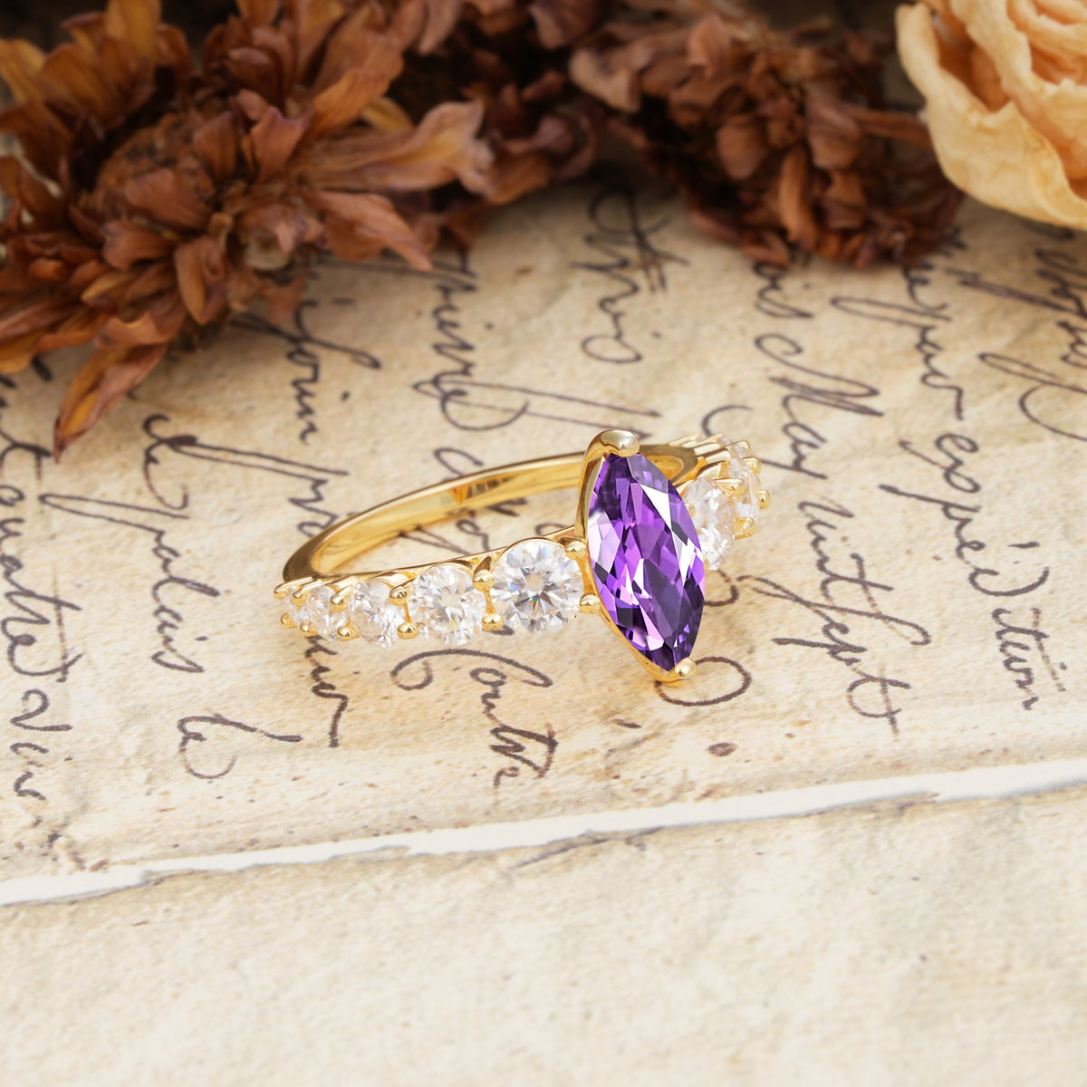 Luxurious Vintage-Style Pavé 2-Prong Marquise-Cut Amethyst Engagement Ring - Additional view
