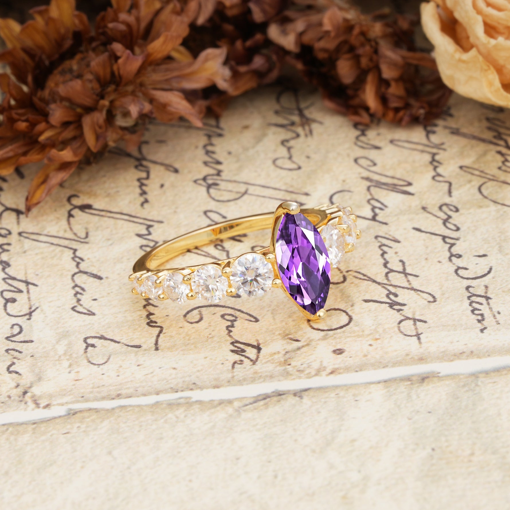 Luxurious Vintage-Style Pavé 2-Prong Marquise-Cut Amethyst Engagement Ring - Additional view