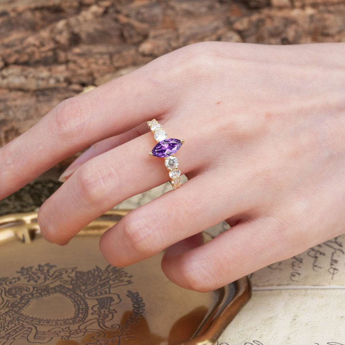 Luxurious Vintage-Style Pavé 2-Prong Marquise-Cut Amethyst Engagement Ring - Additional view