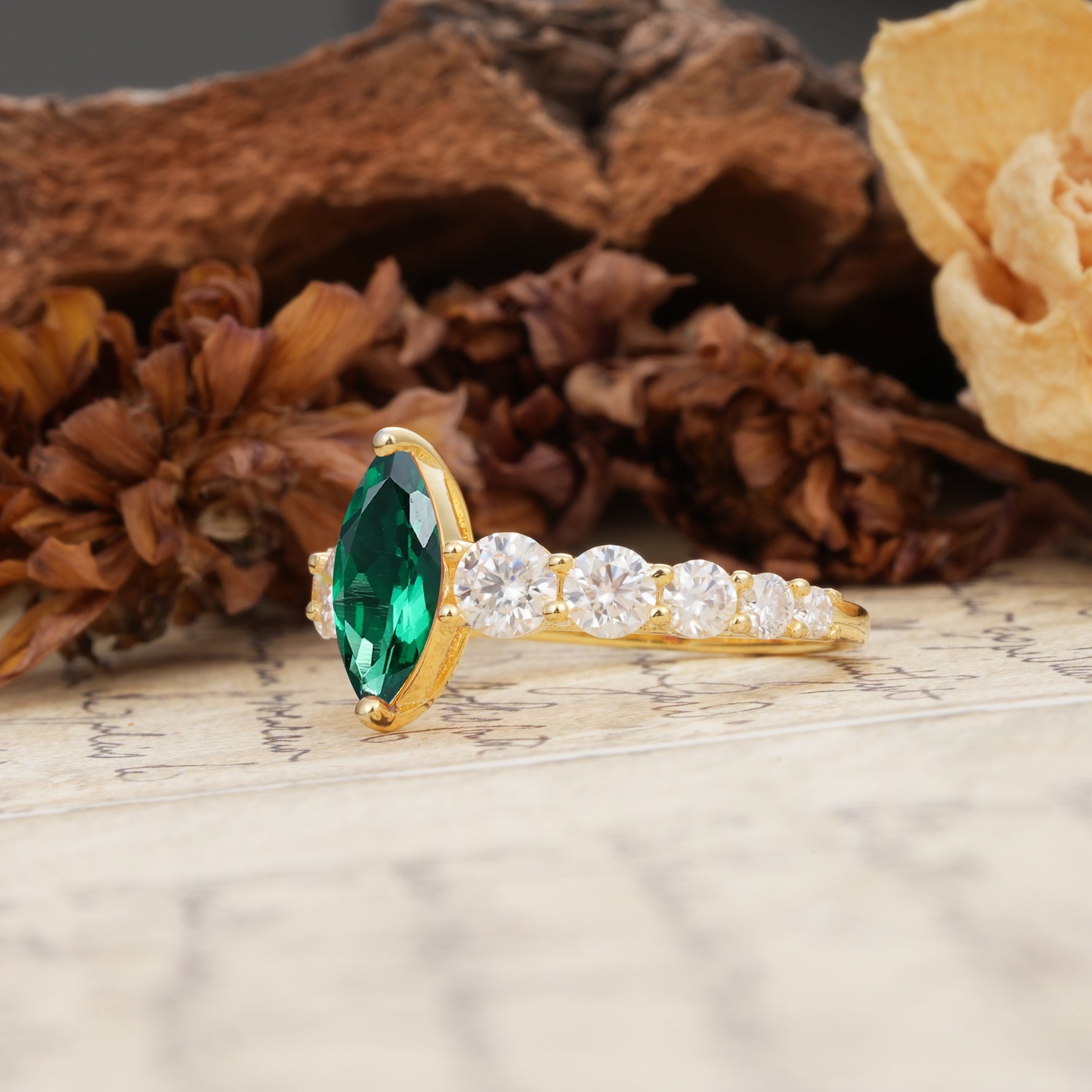 Luxurious Vintage-Style Pavé 2-Prong Marquise-Cut Emerald Engagement Ring - Additional view