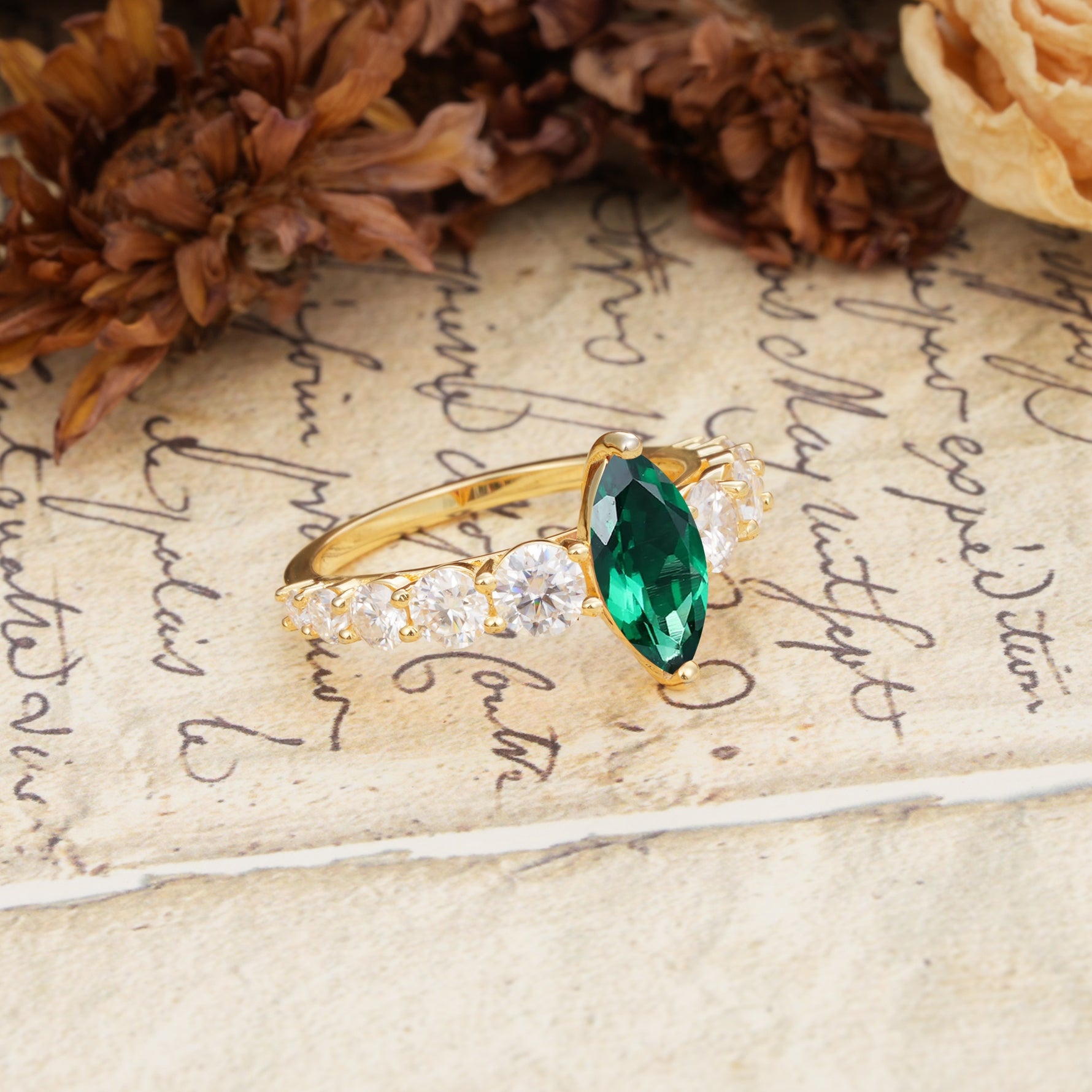 Luxurious Vintage-Style Pavé 2-Prong Marquise-Cut Emerald Engagement Ring - Additional view