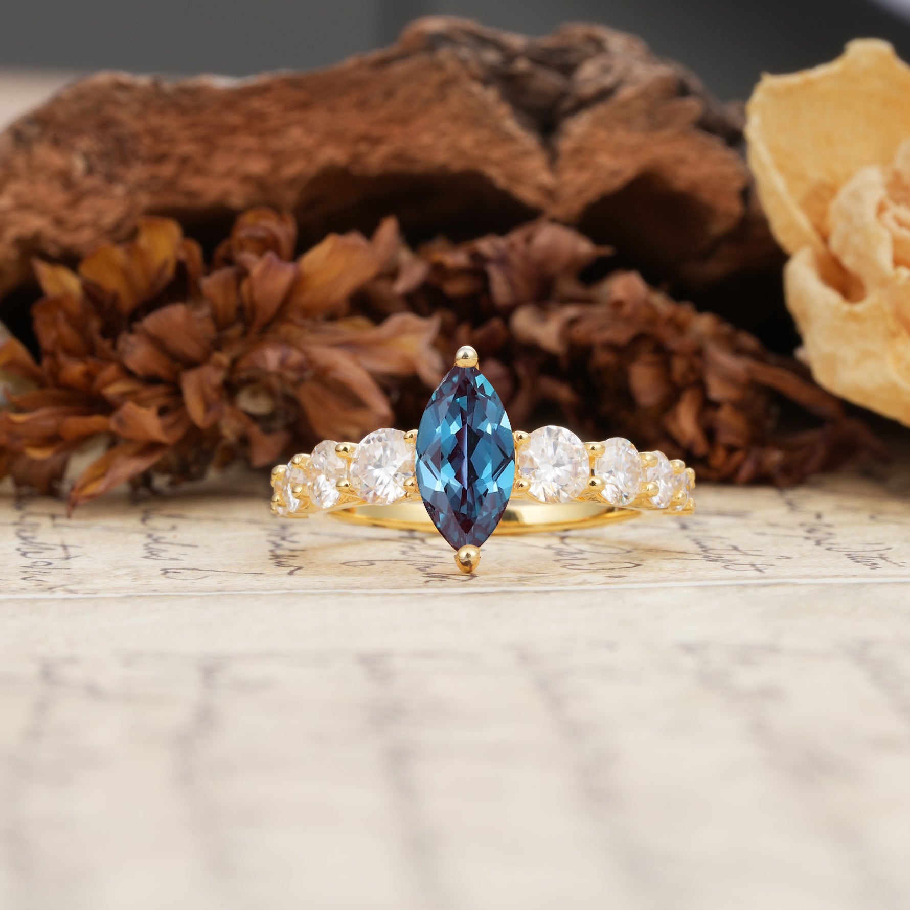 Luxurious Vintage-Style Pavé 2-Prong Marquise-Cut Alexandrite Engagement Ring - Additional view