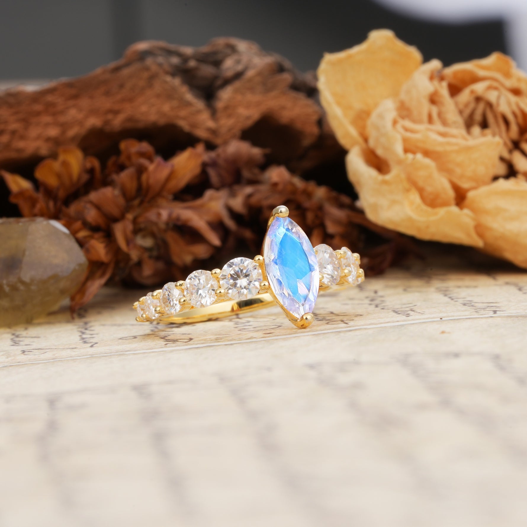 Luxurious Vintage-Style Pavé 2-Prong Marquise-Cut Moonstone Engagement Ring - Additional view