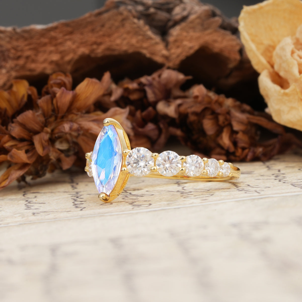 Luxurious Vintage-Style Pavé 2-Prong Marquise-Cut Moonstone Engagement Ring - Additional view