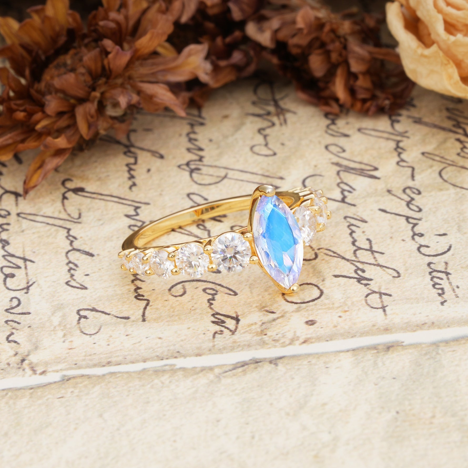 Luxurious Vintage-Style Pavé 2-Prong Marquise-Cut Moonstone Engagement Ring - Additional view