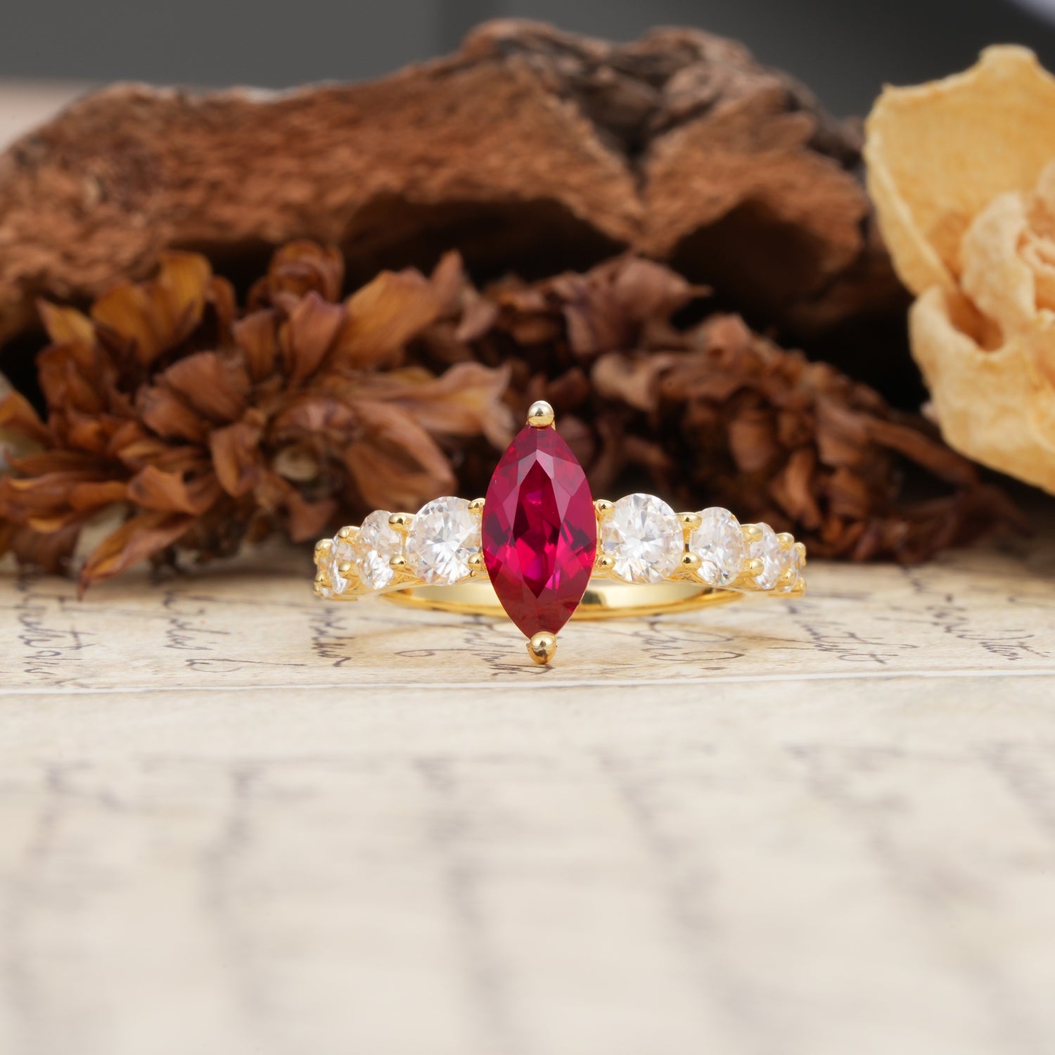 Luxurious Vintage-Style Pavé 2-Prong Marquise-Cut Ruby Engagement Ring - Additional view