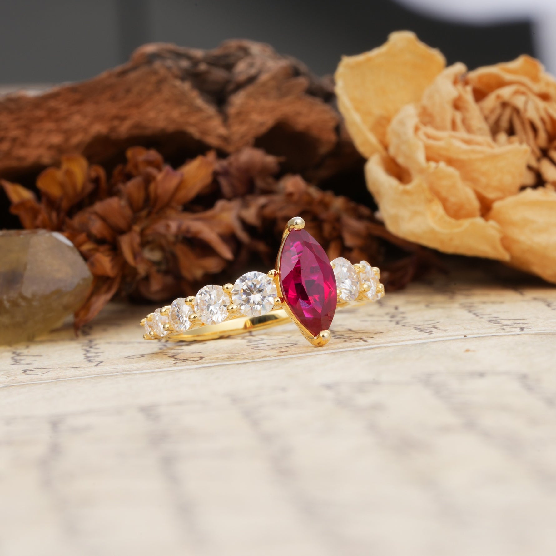 Luxurious Vintage-Style Pavé 2-Prong Marquise-Cut Ruby Engagement Ring - Additional view