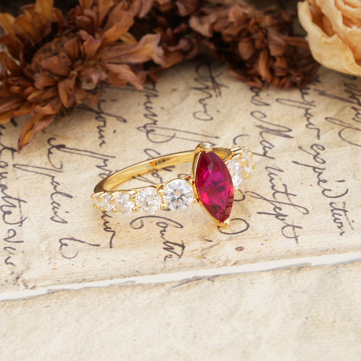 Luxurious Vintage-Style Pavé 2-Prong Marquise-Cut Ruby Engagement Ring - Additional view