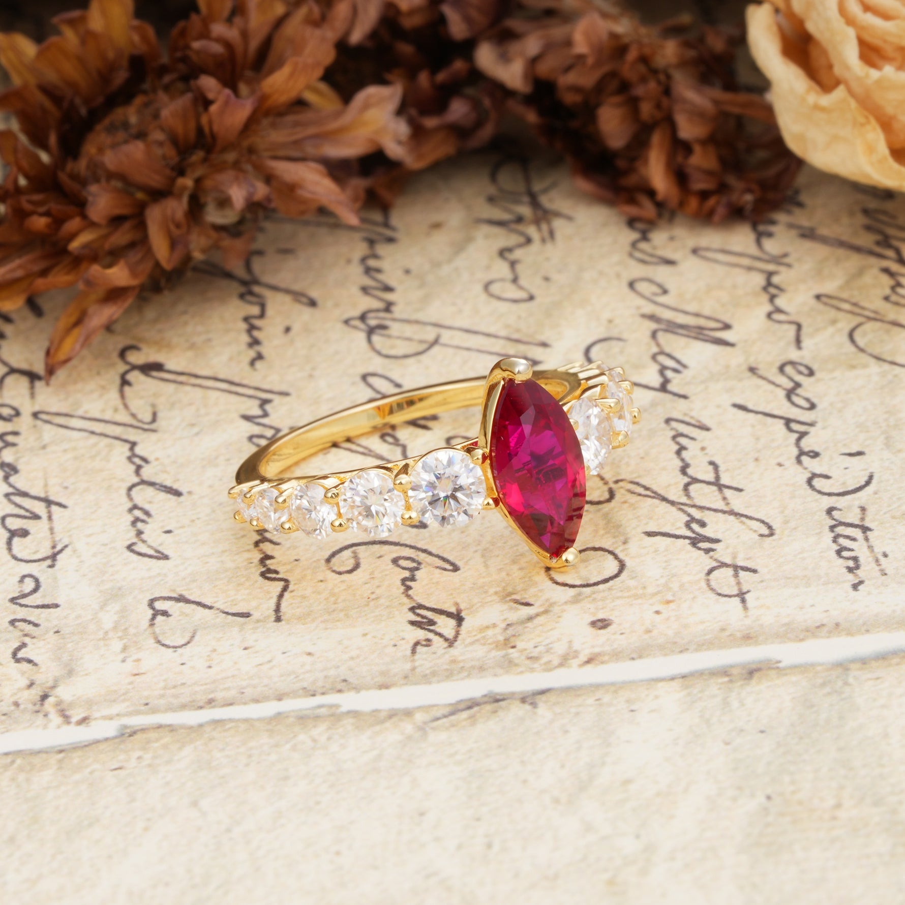 Luxurious Vintage-Style Pavé 2-Prong Marquise-Cut Ruby Engagement Ring - Additional view
