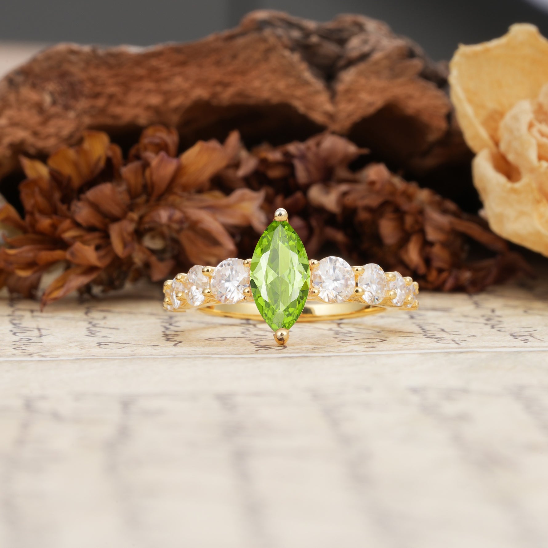 Luxurious Vintage-Style Pavé 2-Prong Marquise-Cut Peridot Engagement Ring - Additional view