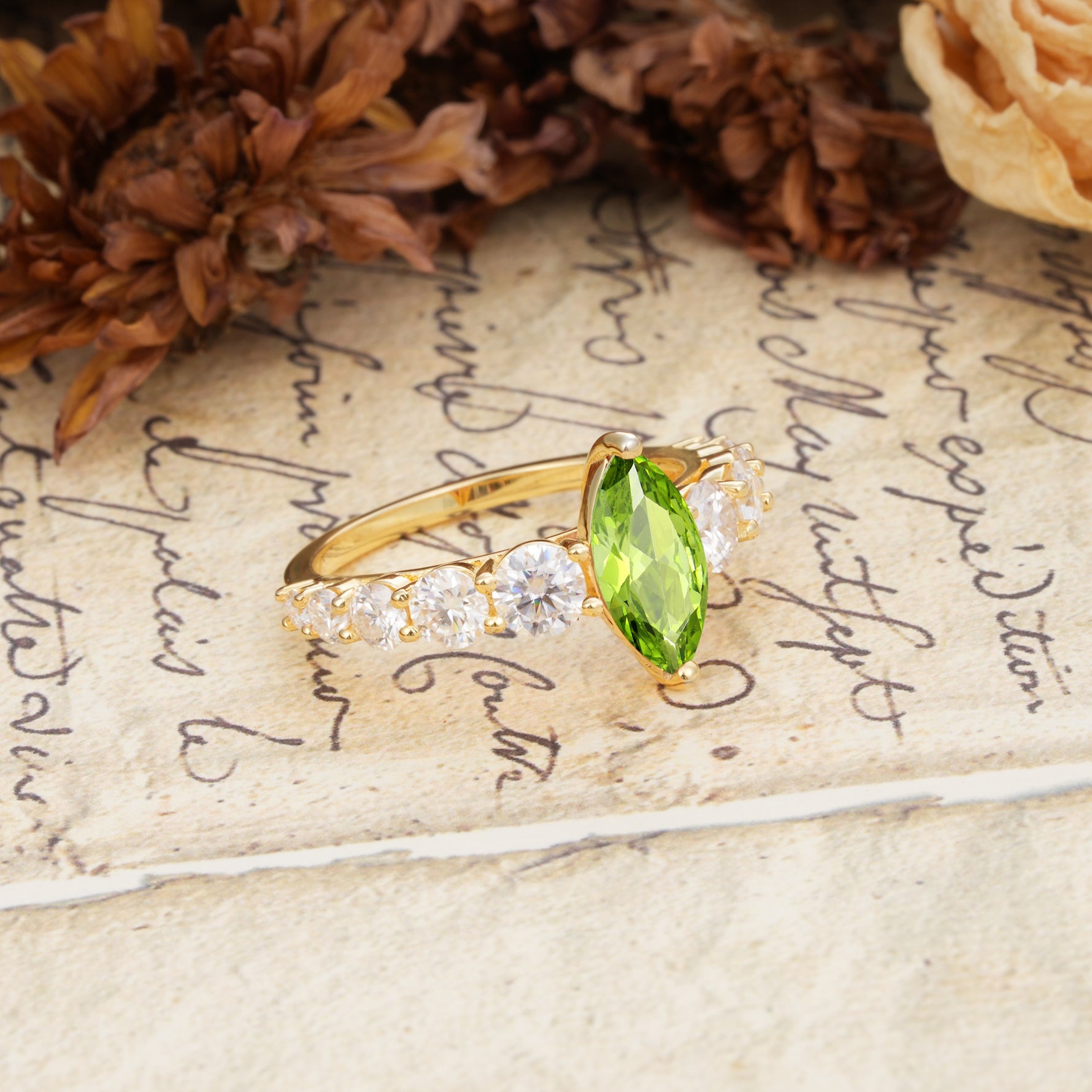 Luxurious Vintage-Style Pavé 2-Prong Marquise-Cut Peridot Engagement Ring - Additional view