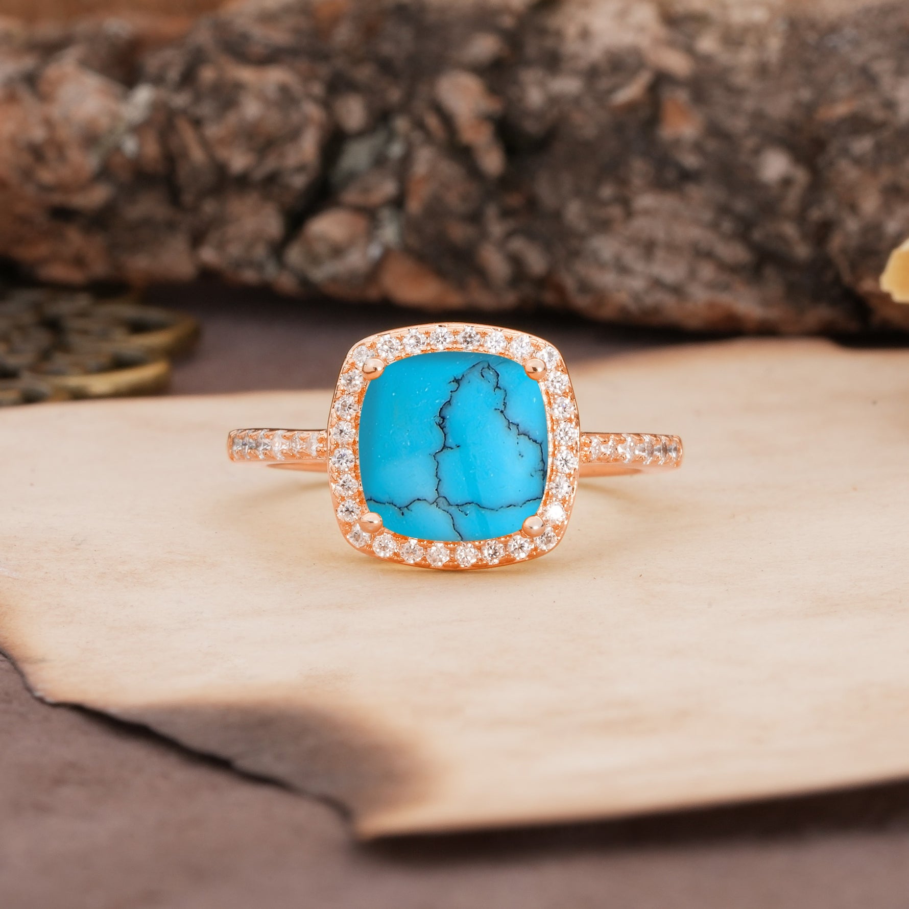 Unique And Luxurious 4-Prong Princess Cut Turquoise Engagement Ring - Additional view