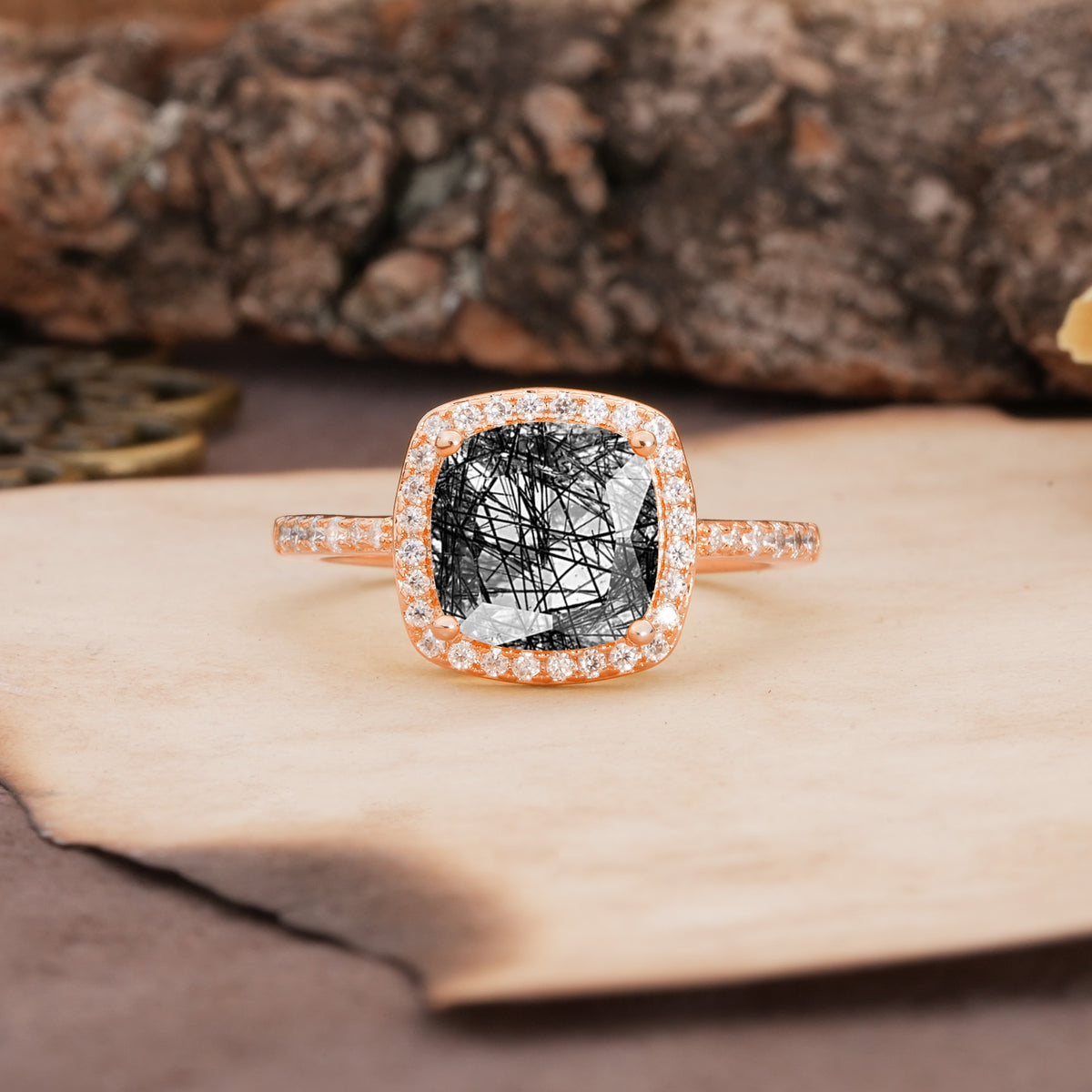 Unique And Luxurious 4-Prong Princess Cut Black Rutilated Quartz Engagement Ring - Additional view