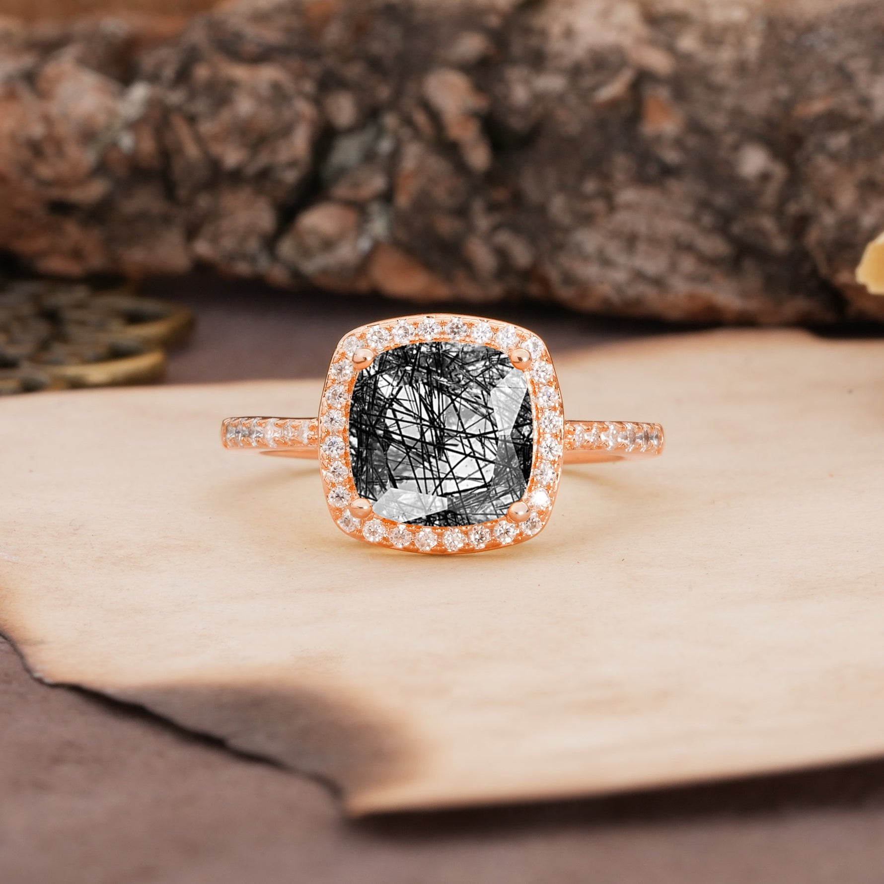 Unique And Luxurious 4-Prong Princess Cut Black Rutilated Quartz Engagement Ring - Additional view