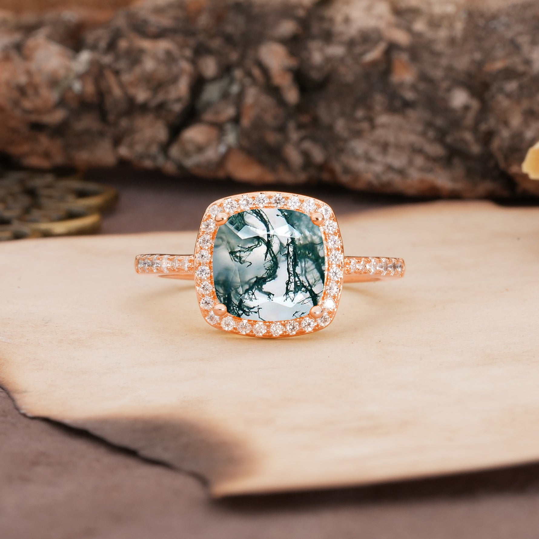 Unique And Luxurious 4-Prong Princess Cut Moss Agate Engagement Ring - Additional view