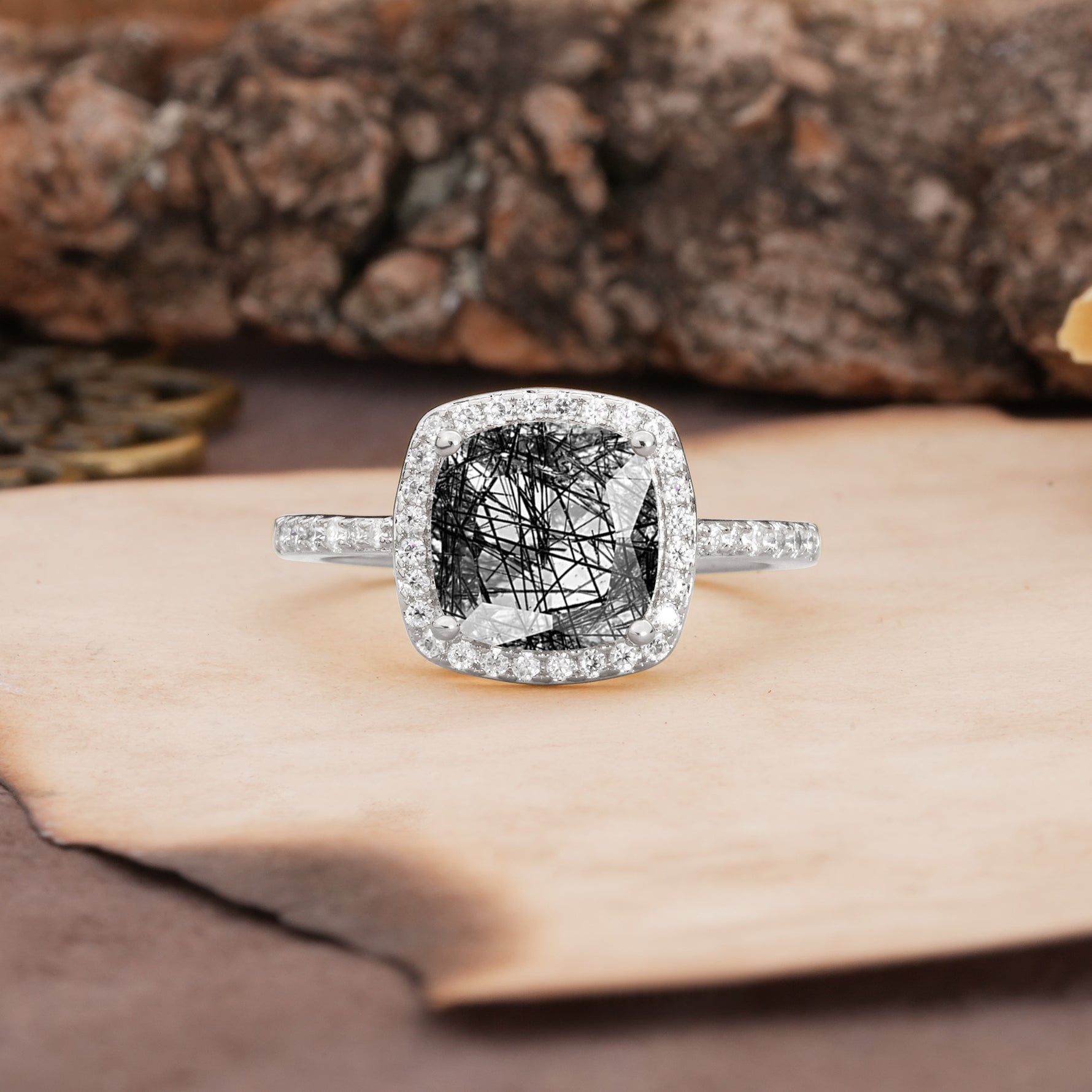 Unique And Luxurious 4-Prong Princess Cut Black Rutilated Quartz Engagement Ring - Additional view