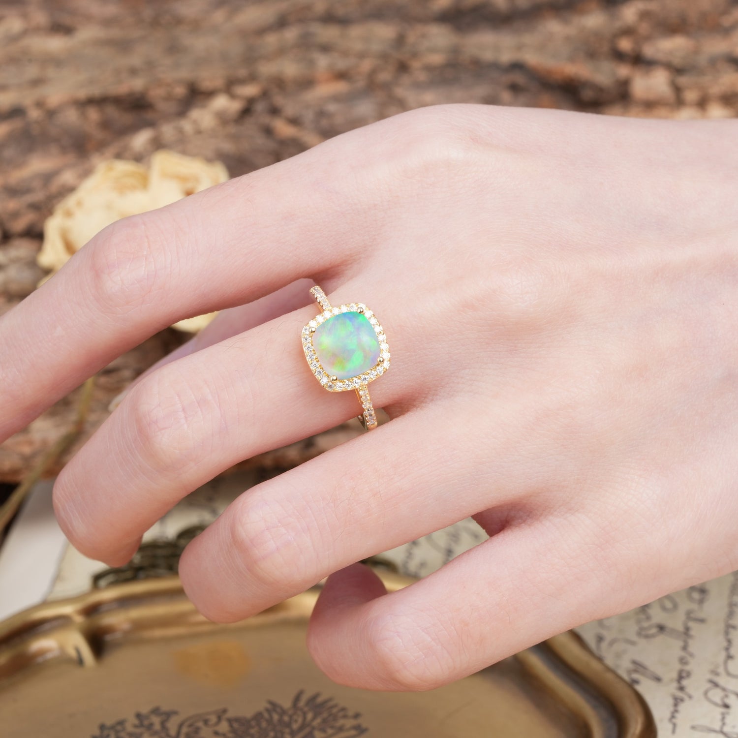 Unique And Luxurious 4-Prong Princess Cut Fire Opal Engagement Ring - Additional view