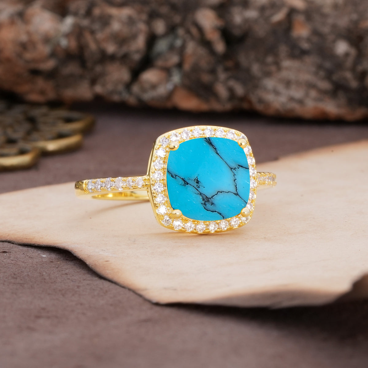 Unique And Luxurious 4-Prong Princess Cut Turquoise Engagement Ring - Additional view