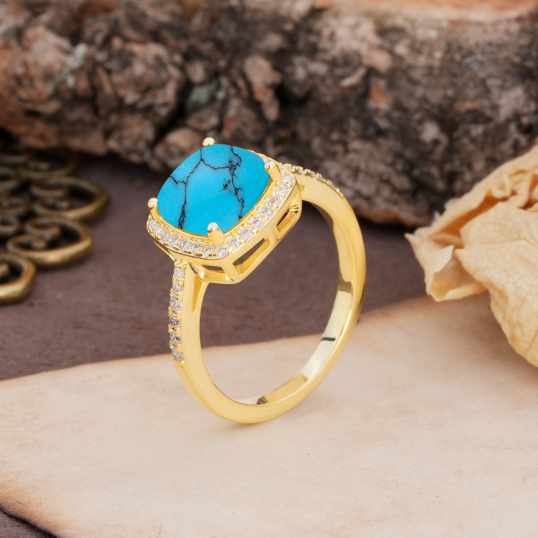 Unique And Luxurious 4-Prong Princess Cut Turquoise Engagement Ring - Additional view