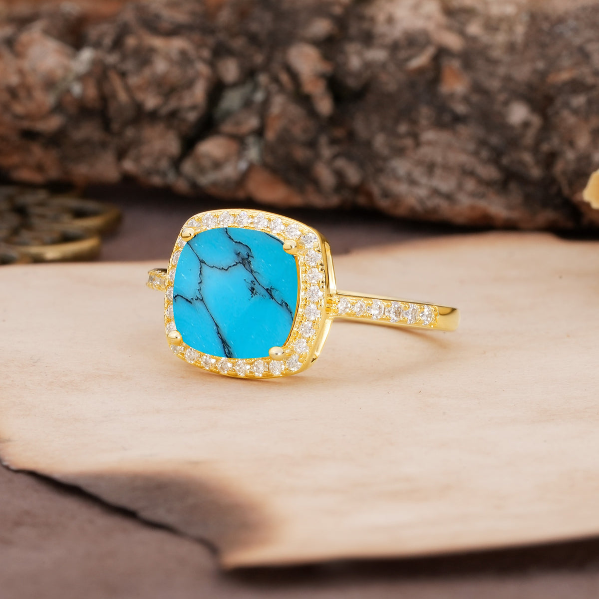 Unique And Luxurious 4-Prong Princess Cut Turquoise Engagement Ring - Additional view