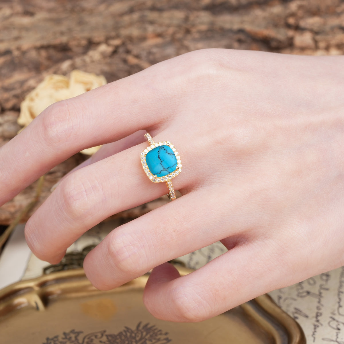 Unique And Luxurious 4-Prong Princess Cut Turquoise Engagement Ring - Additional view