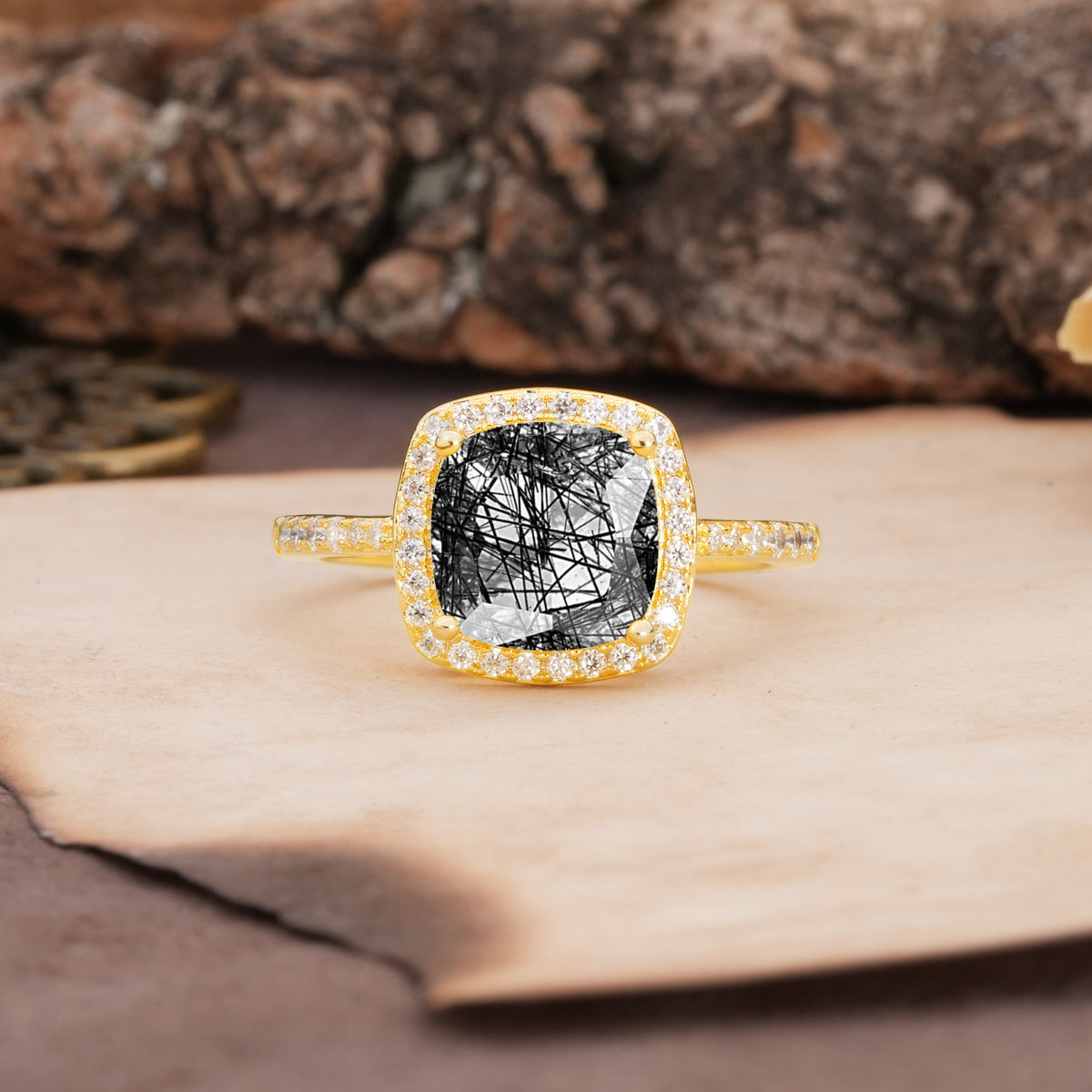 Unique And Luxurious 4-Prong Princess Cut Black Rutilated Quartz Engagement Ring - Additional view