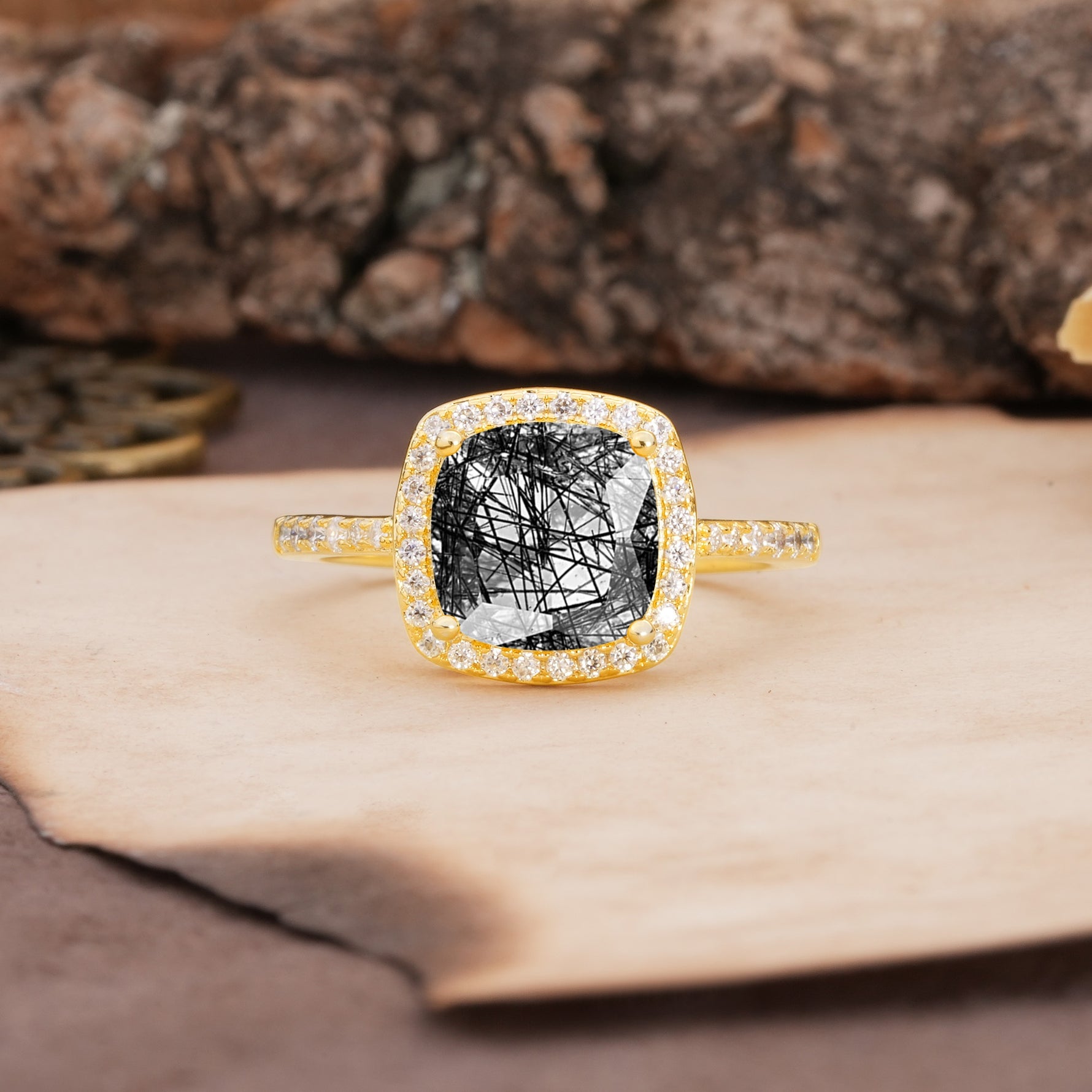 Unique And Luxurious 4-Prong Princess Cut Black Rutilated Quartz Engagement Ring - Additional view