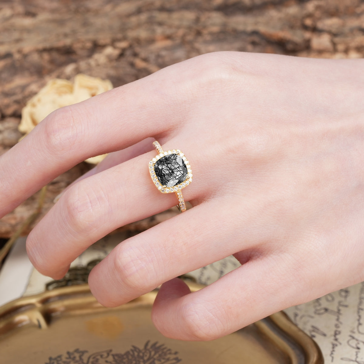 Unique And Luxurious 4-Prong Princess Cut Black Rutilated Quartz Engagement Ring - Additional view