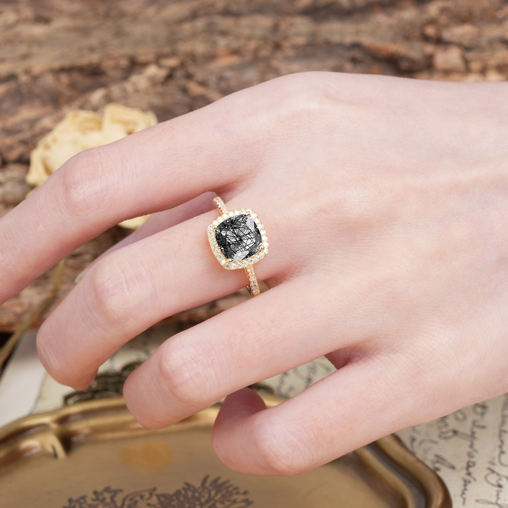 Unique And Luxurious 4-Prong Princess Cut Black Rutilated Quartz Engagement Ring - Additional view