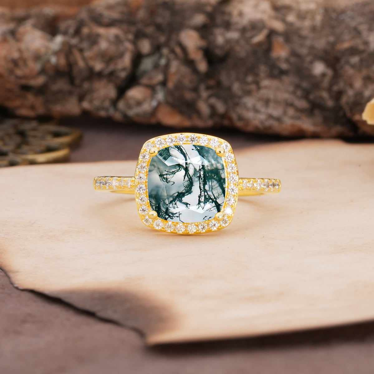 Unique And Luxurious 4-Prong Princess Cut Moss Agate Engagement Ring - Additional view