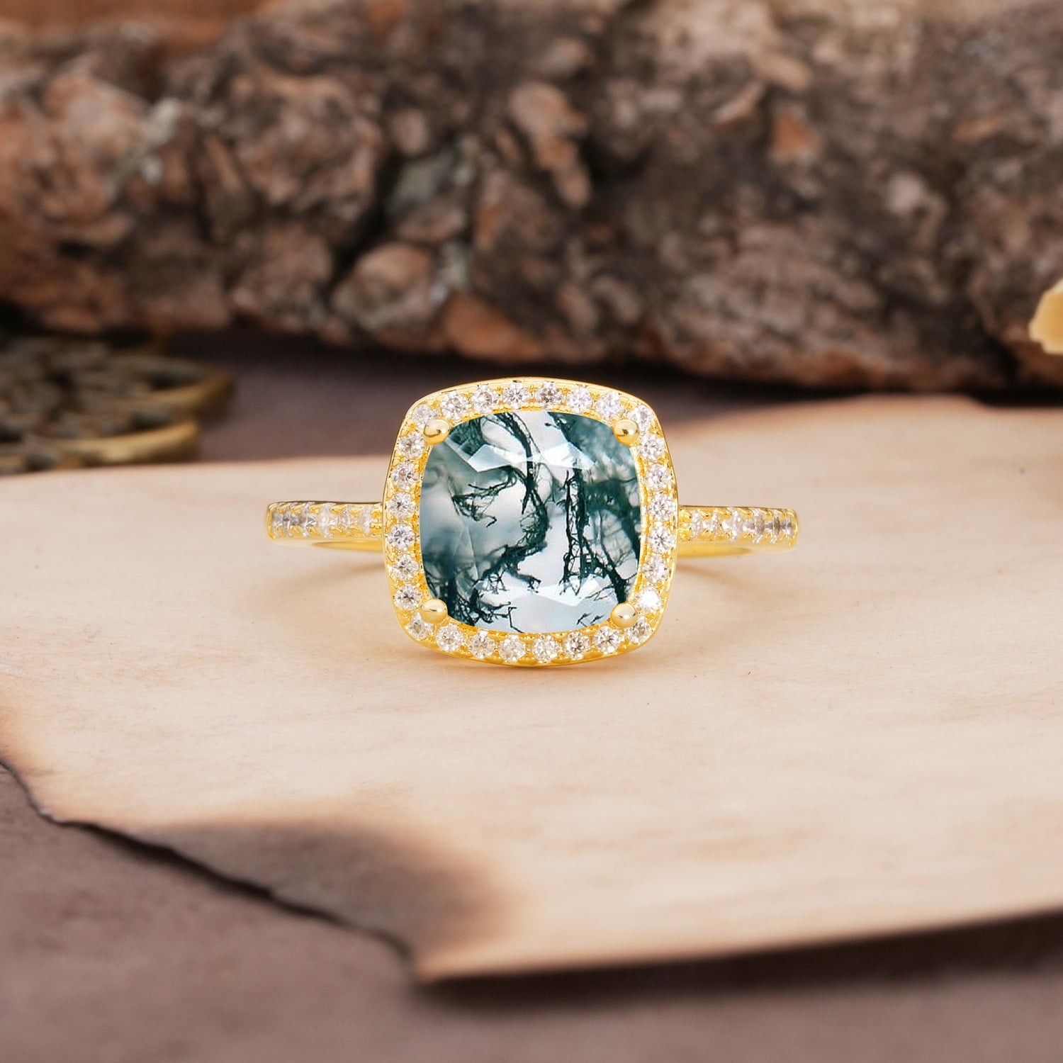 Unique And Luxurious 4-Prong Princess Cut Moss Agate Engagement Ring - Additional view