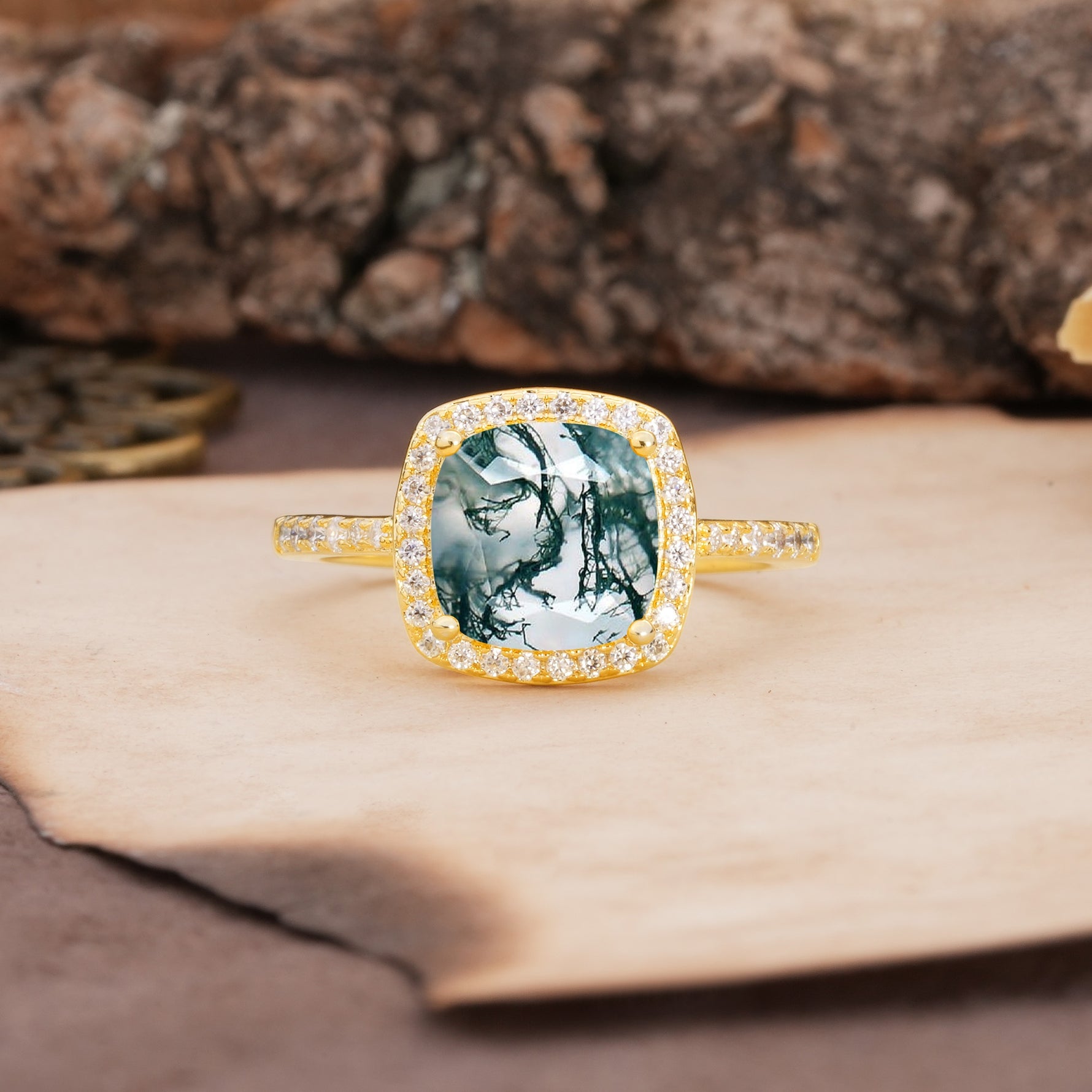 Unique And Luxurious 4-Prong Princess Cut Moss Agate Engagement Ring - Additional view
