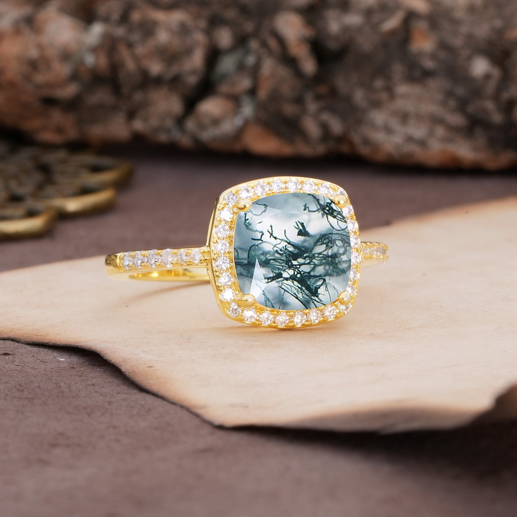 Unique And Luxurious 4-Prong Princess Cut Moss Agate Engagement Ring - Additional view