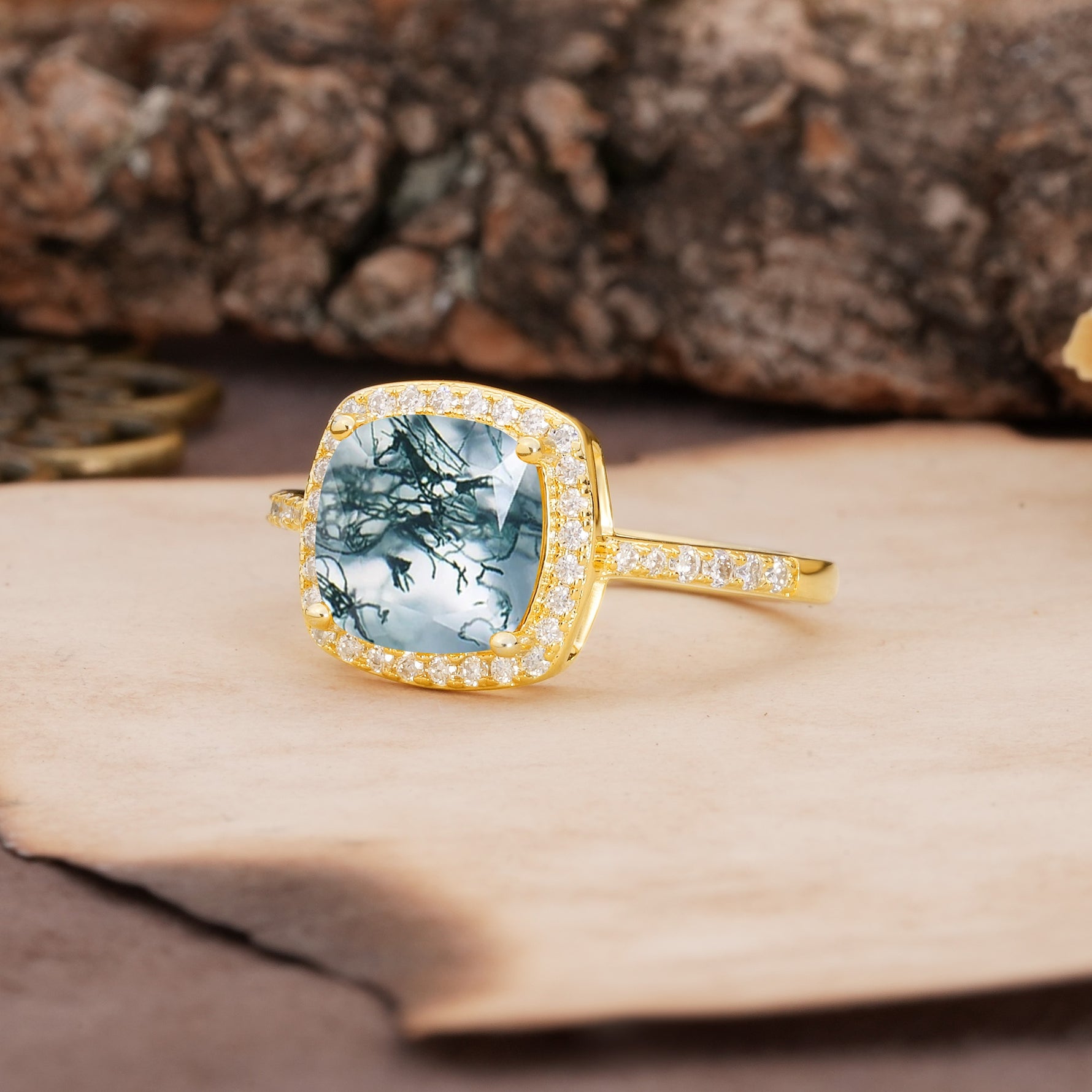 Unique And Luxurious 4-Prong Princess Cut Moss Agate Engagement Ring - Additional view