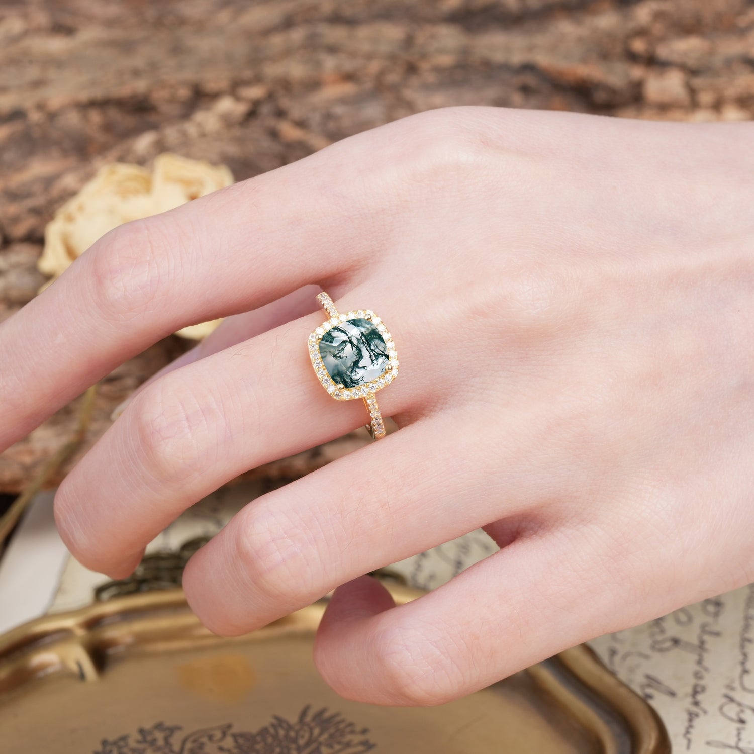 Unique And Luxurious 4-Prong Princess Cut Moss Agate Engagement Ring - Additional view