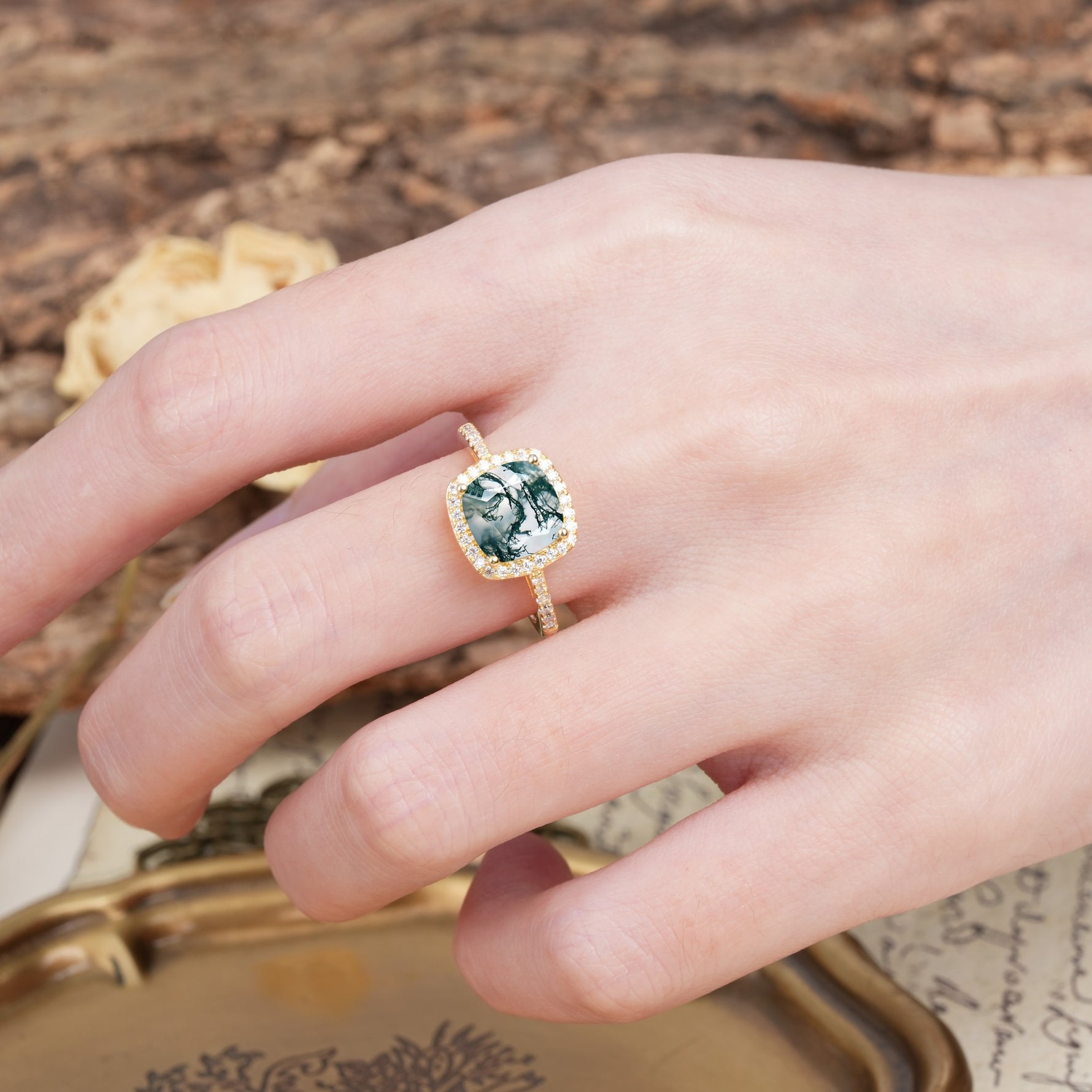 Unique And Luxurious 4-Prong Princess Cut Moss Agate Engagement Ring - Additional view