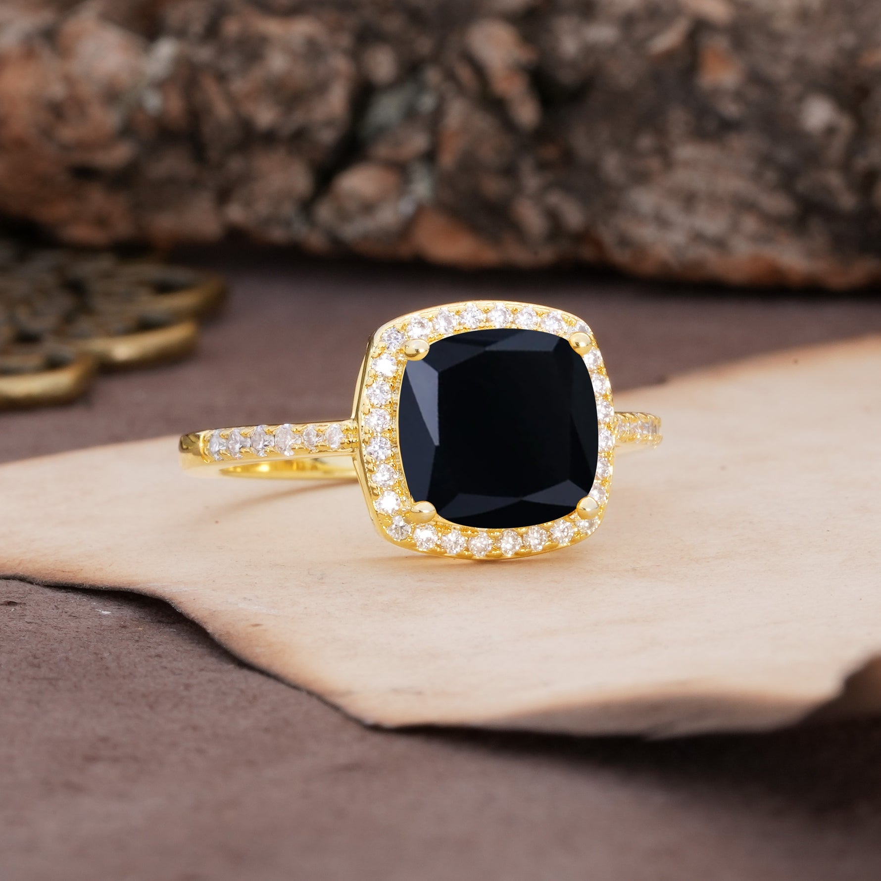 Unique And Luxurious 4-Prong Princess Cut Black Onyx Engagement Ring - Additional view